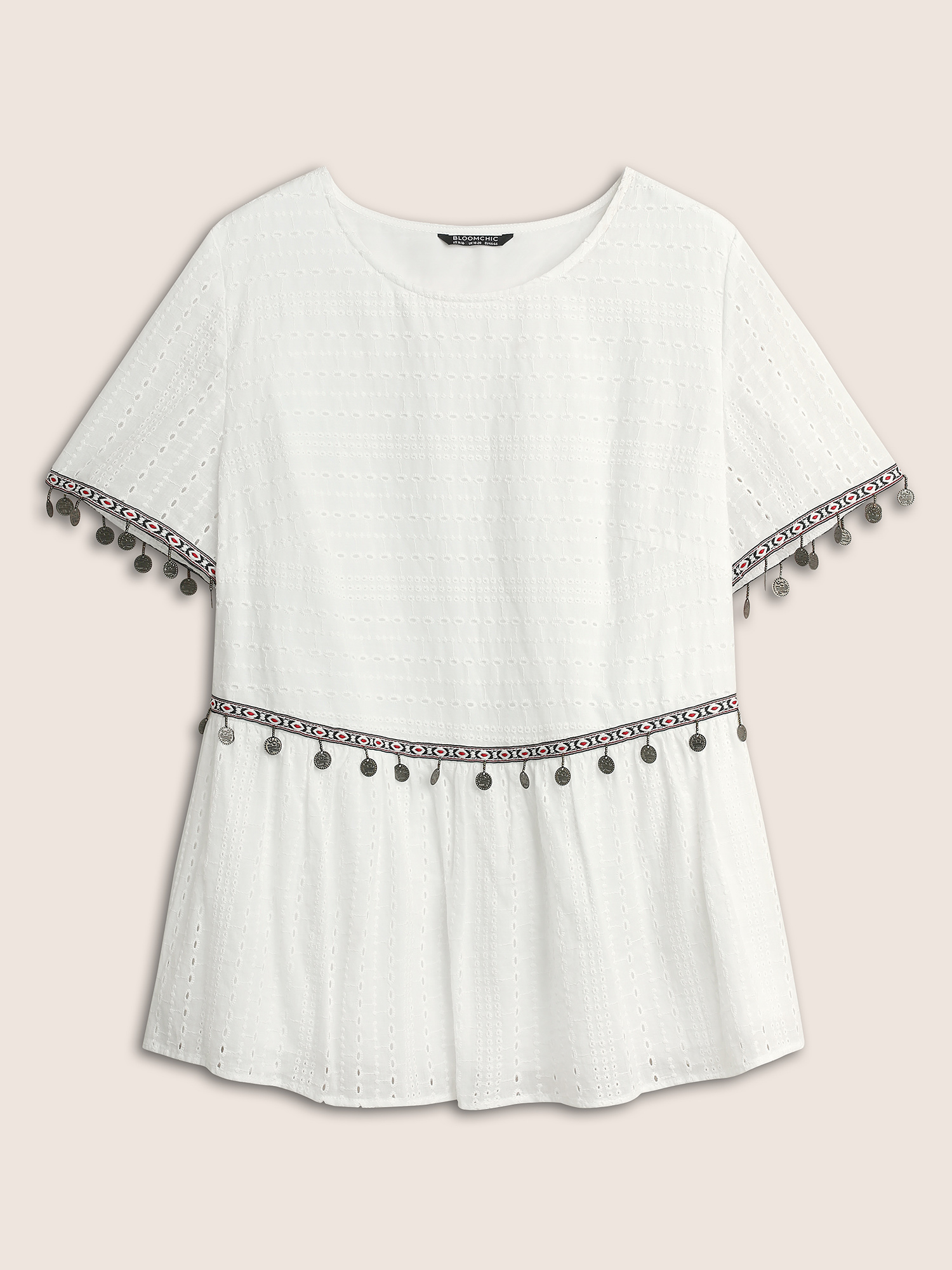 Plus Size White Broderie Anglaise Patchwork Tassel Trim Blouse Women Resort Short sleeve Round Neck Vacation Blouses BloomChic 28/5X 