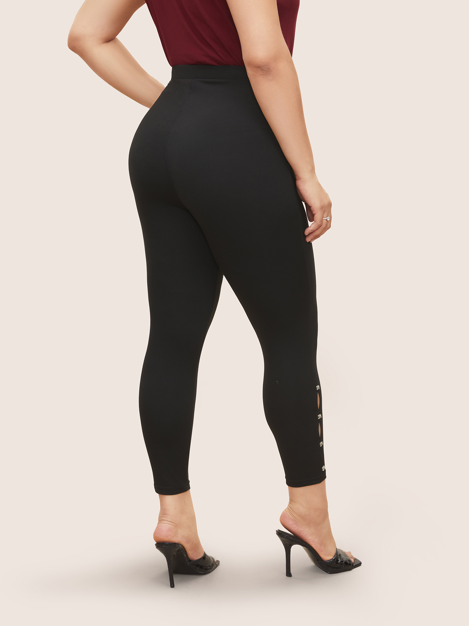 Plus Size Cubic Zirconia Detail Cut Out Skinny Leggings Women Black Elegant High stretch Skinny High Rise Everyday Leggings BloomChic 18-20/2X 
