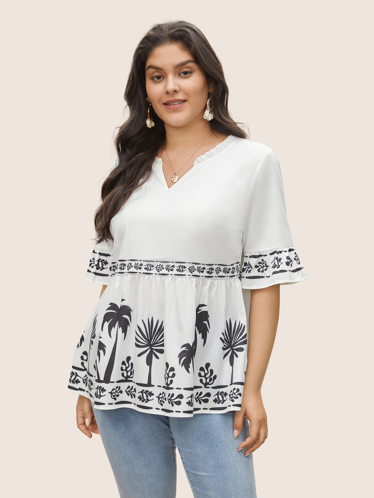 

Plus Size White Silhouette Floral Print Frill Trim Gathered Blouse Women Resort Half Sleeve V-neck Vacation Blouses BloomChic