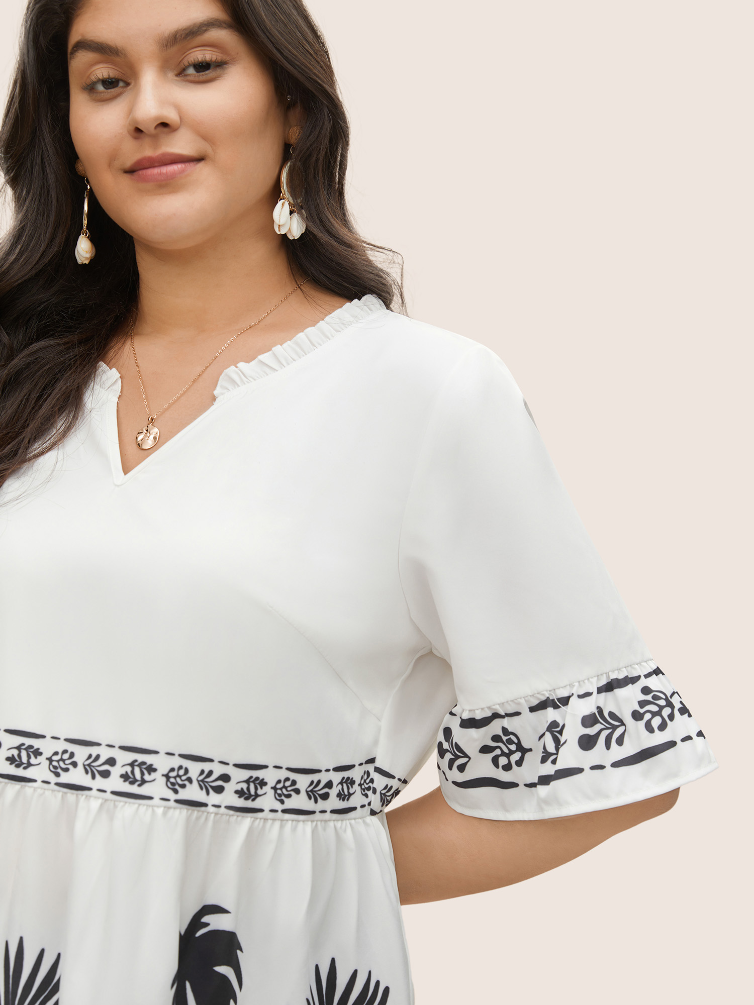 

Plus Size White Silhouette Floral Print Frill Trim Gathered Blouse Women Resort Half Sleeve V-neck Vacation Blouses BloomChic