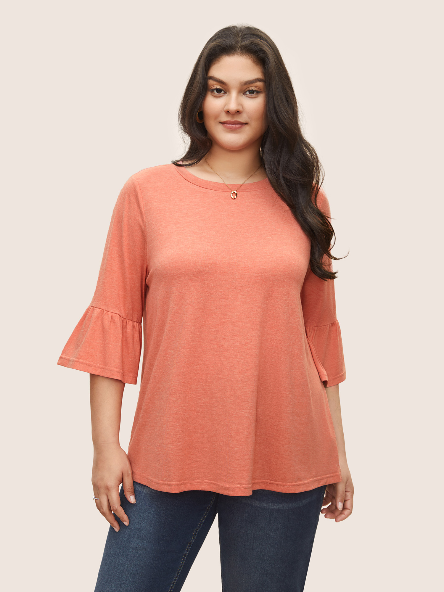 

Solid Heather Patchwork Flutter Sleeve T-shirt, Salmon