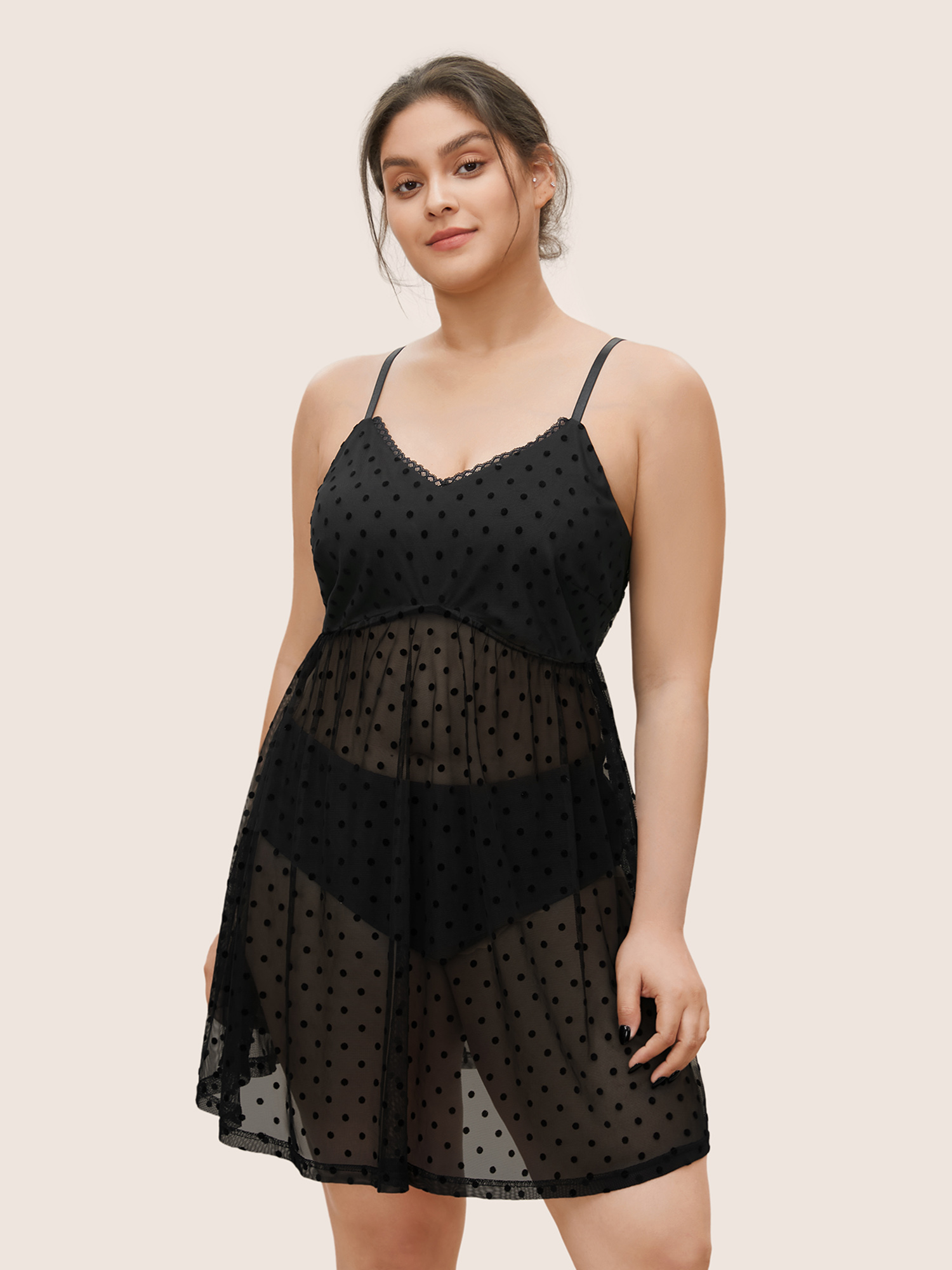 

Plus Size Polka Dot Lace Patchwork Mesh Sleep Dress Black Sleeveless V-neck Lounge Everyday  Bloomchic