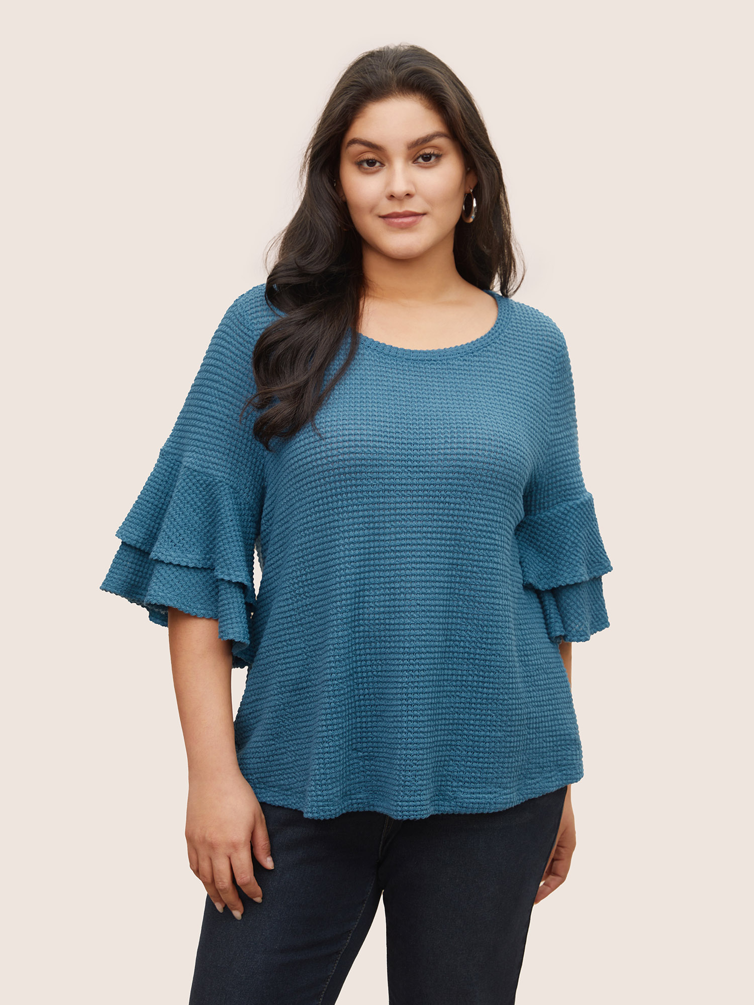 

Solid Waffle Knit Tiered Flutter Sleeve T-shirt, Cerulean