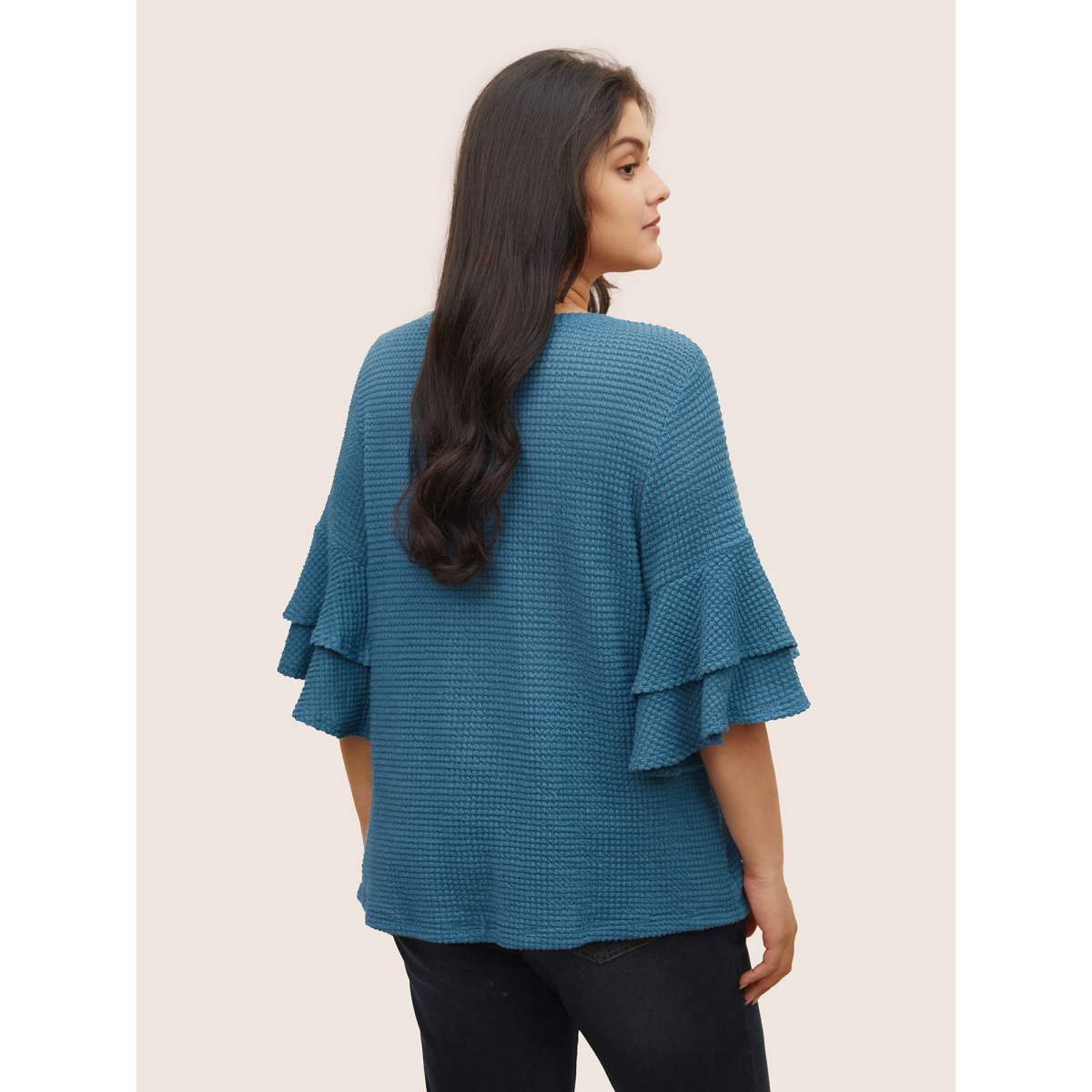 

Plus Size Solid Waffle Knit Tiered Flutter Sleeve T-shirt Cerulean Women Casual Non Plain Round Neck Everyday T-shirts BloomChic