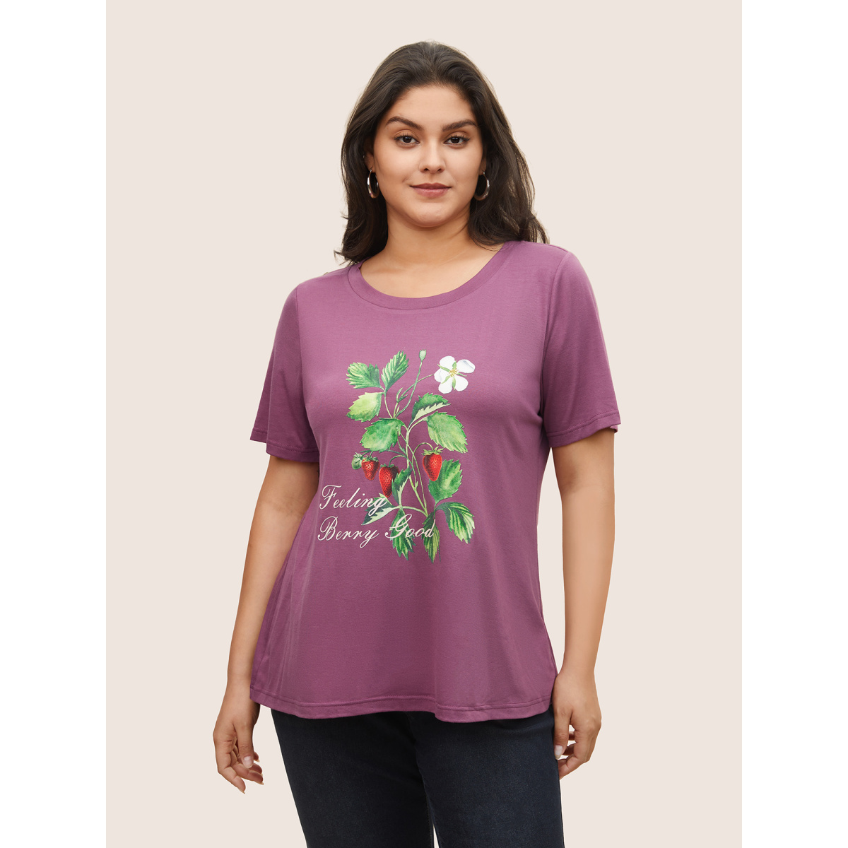 

Plus Size Strawberry Print Round Neck T-shirt Purple Women Casual Non Natural Flowers Round Neck Everyday T-shirts BloomChic