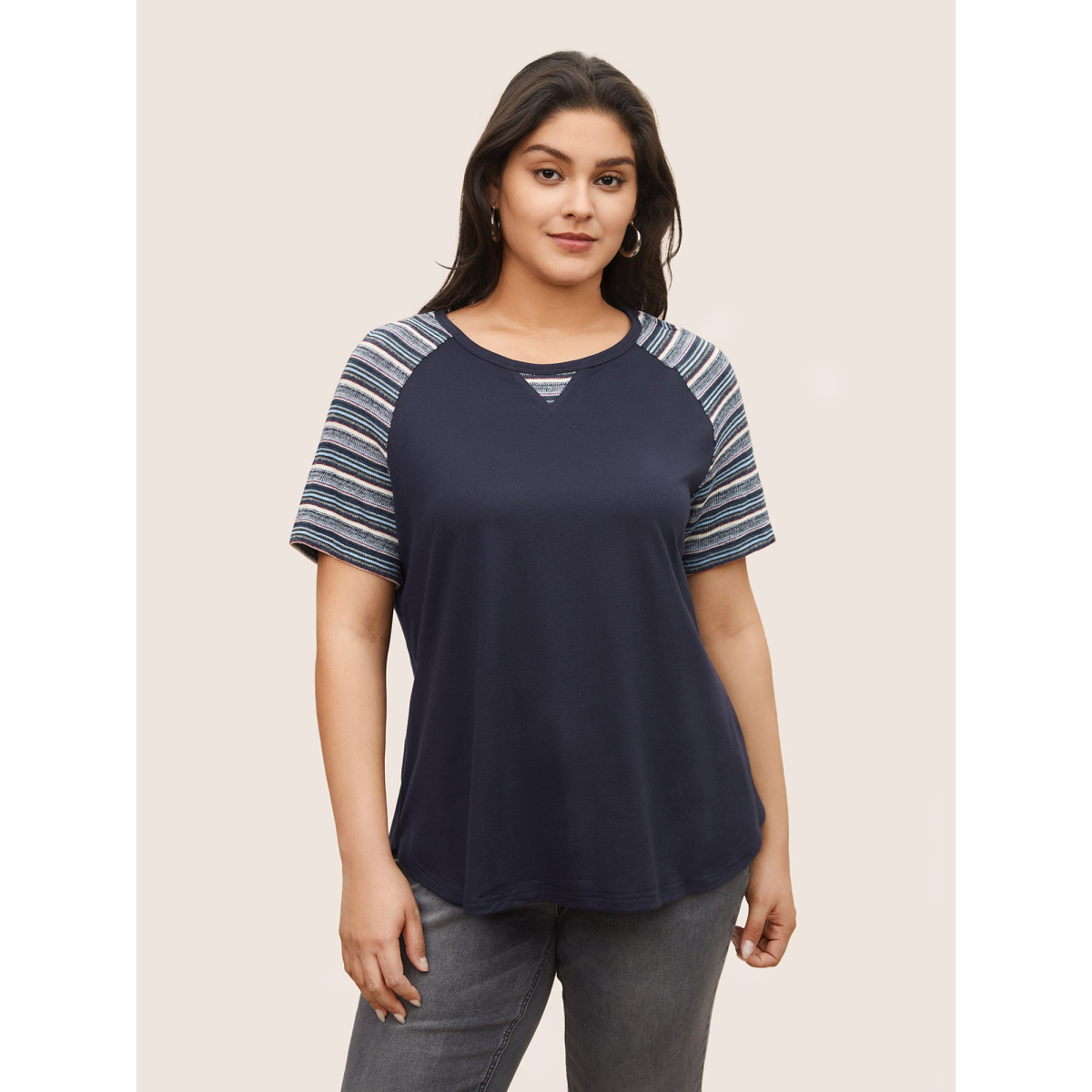 

Plus Size Color Striped Patchwork Raglan Sleeve T-shirt Indigo Women Casual Contrast Striped Round Neck Everyday T-shirts BloomChic