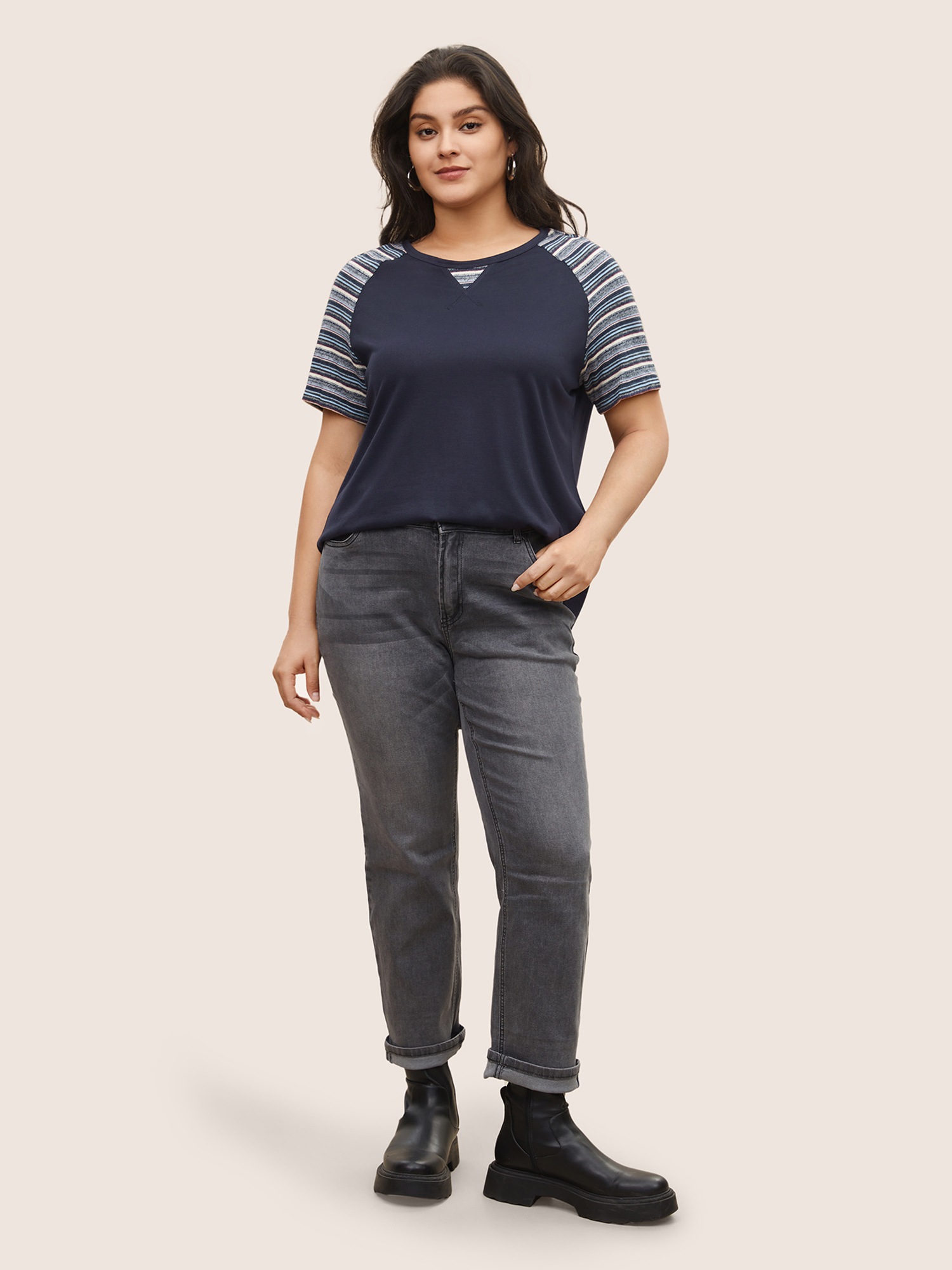Plus Size Color Striped Patchwork Raglan Sleeve T-shirt Indigo Women Casual Contrast Striped Round Neck Everyday T-shirts BloomChic 26/4X 
