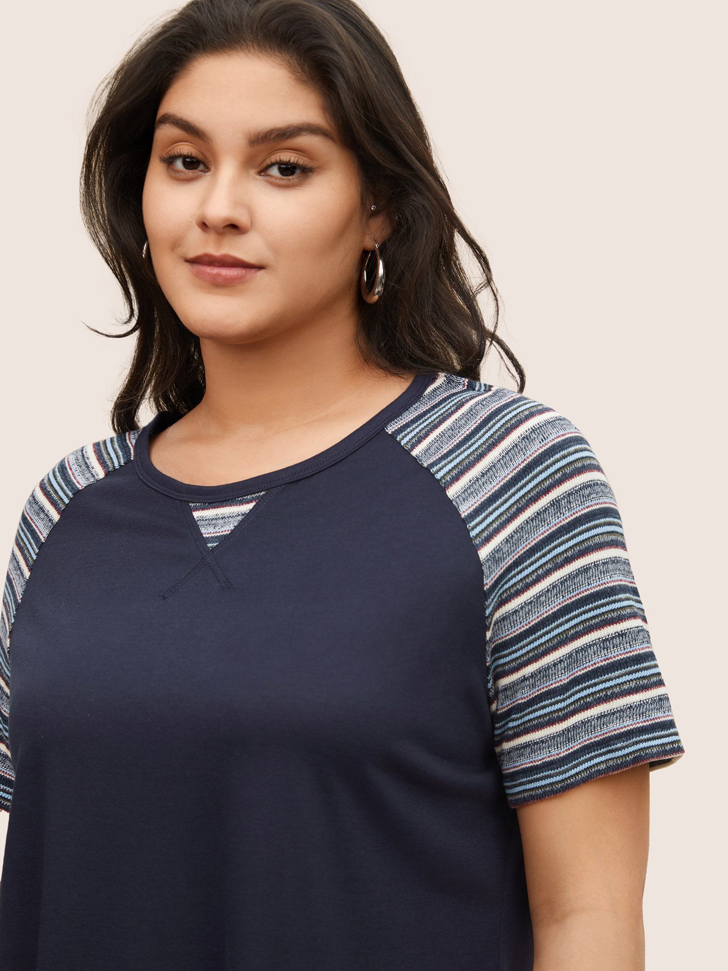 Plus Size Color Striped Patchwork Raglan Sleeve T-shirt Indigo Women Casual Contrast Striped Round Neck Everyday T-shirts BloomChic 26/4X 