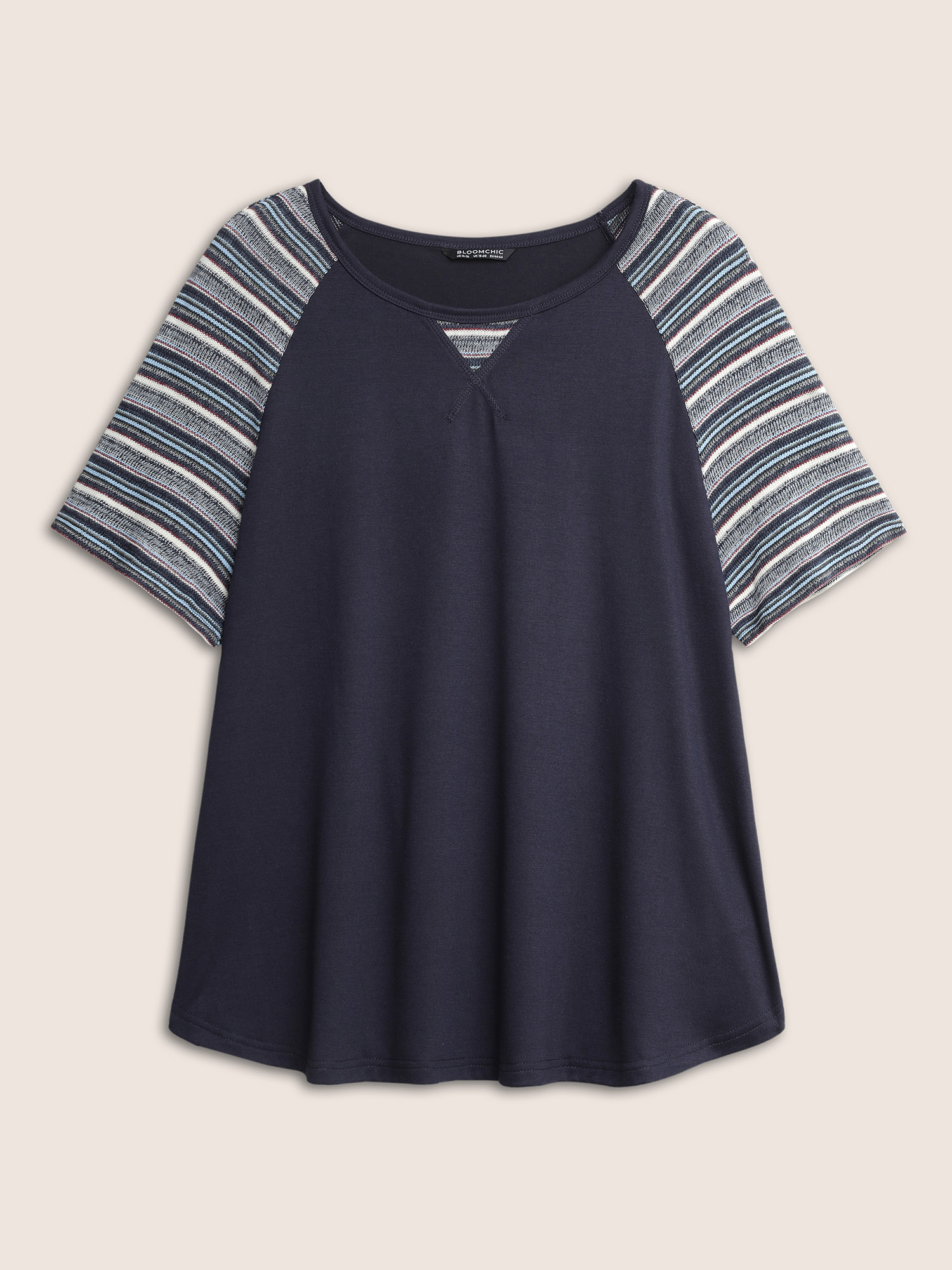 

Plus Size Color Striped Patchwork Raglan Sleeve T-shirt Indigo Women Casual Contrast Striped Round Neck Everyday T-shirts BloomChic