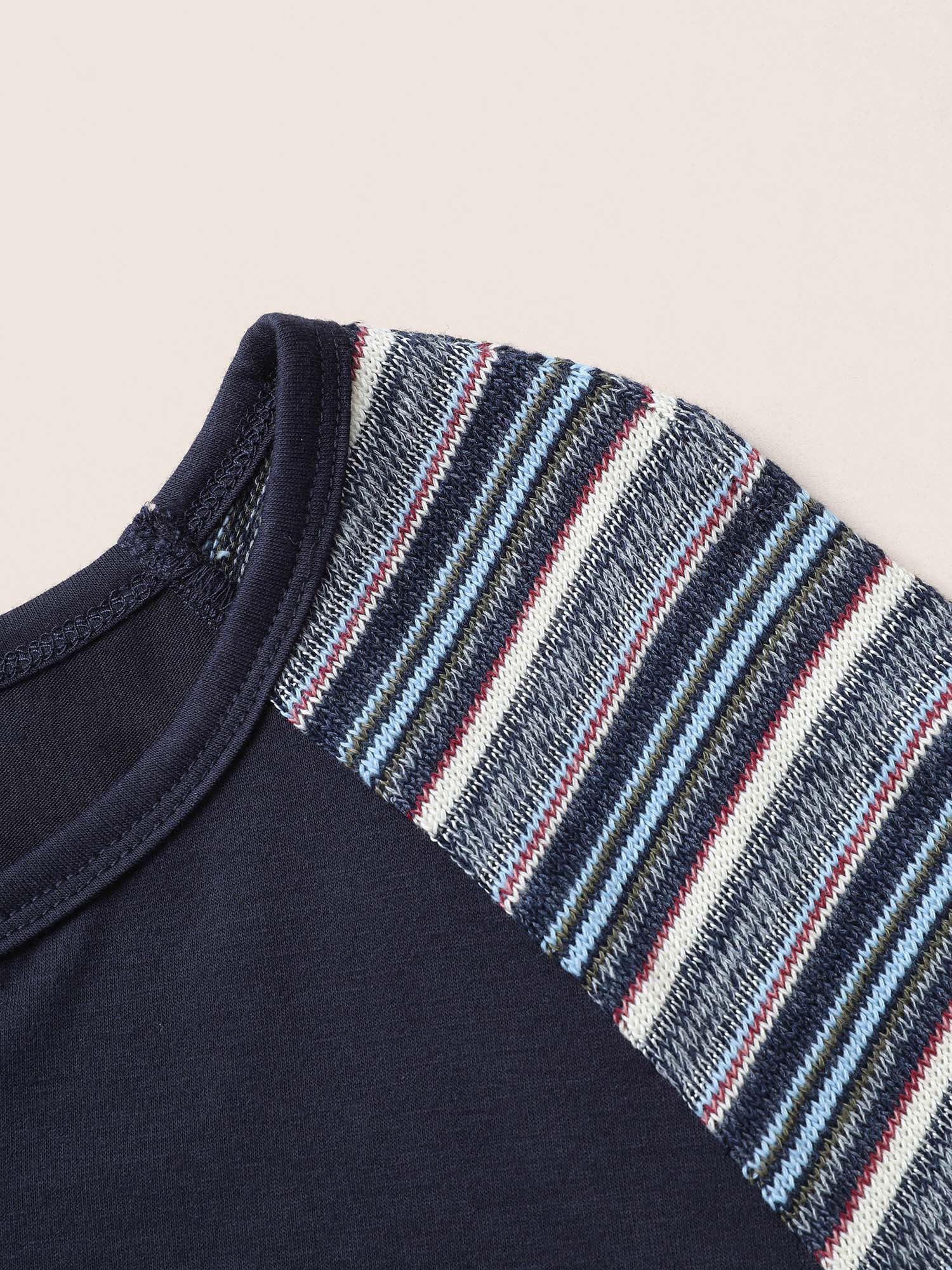 Plus Size Color Striped Patchwork Raglan Sleeve T-shirt Indigo Women Casual Contrast Striped Round Neck Everyday T-shirts BloomChic 26/4X 