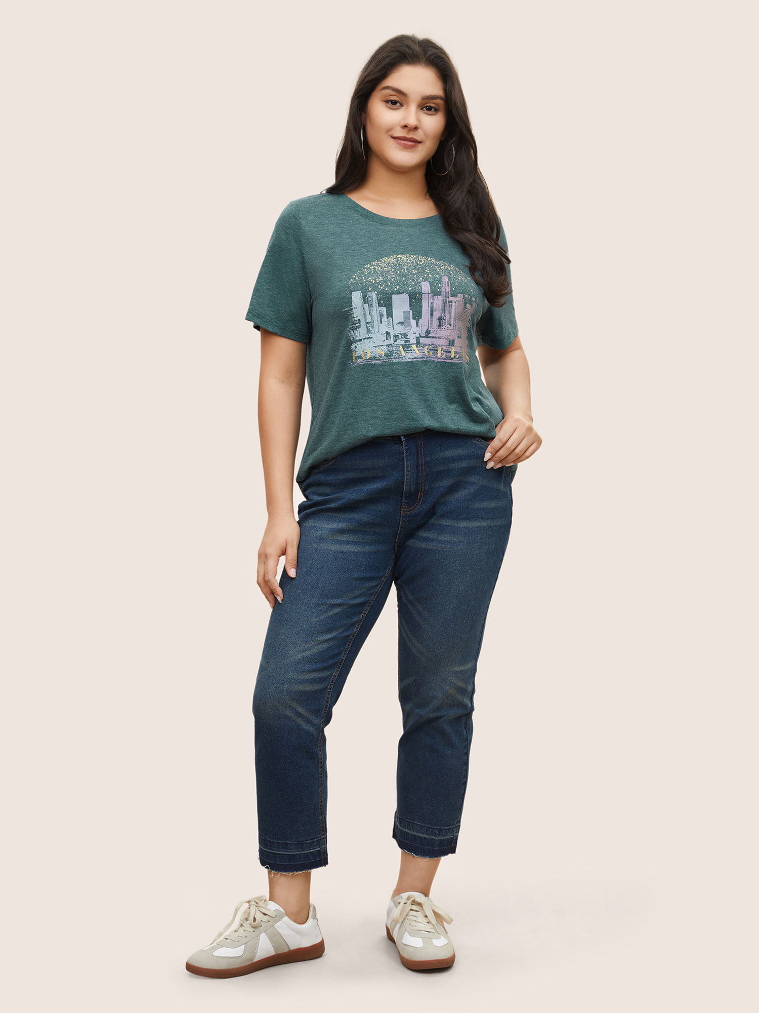 Plus Size Solid Heather City Print Crew Neck T-shirt Cyan Women Casual Non Area Round Neck Everyday T-shirts BloomChic 10/M 