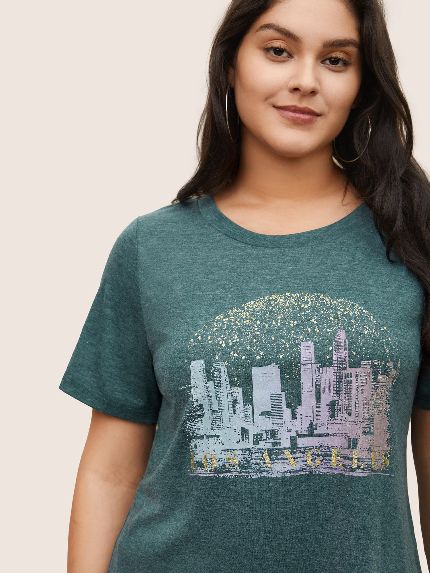 Plus Size Solid Heather City Print Crew Neck T-shirt Cyan Women Casual Non Area Round Neck Everyday T-shirts BloomChic 10/M 