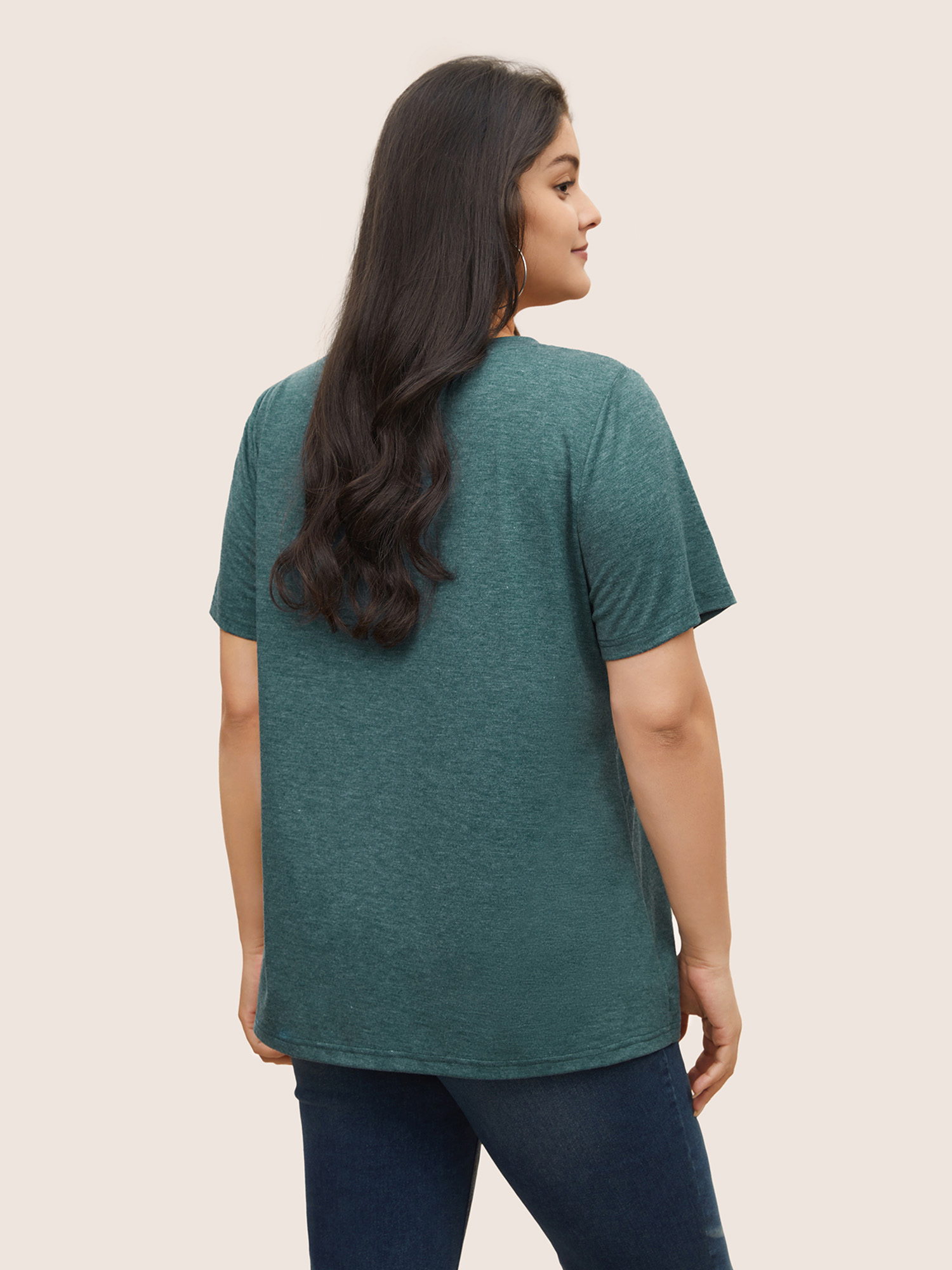 Plus Size Solid Heather City Print Crew Neck T-shirt Cyan Women Casual Non Area Round Neck Everyday T-shirts BloomChic 10/M 