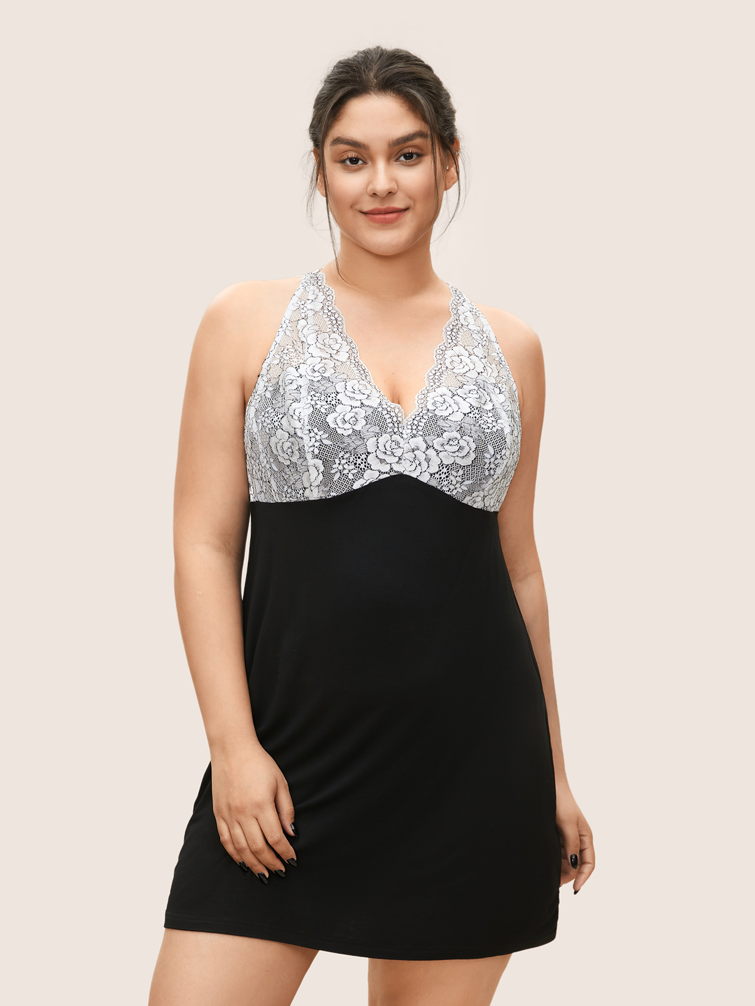 

Plus Size Contrast Lace Panel Halter Sleep Dress Black Sleeveless Halter neck Lounge Everyday  Bloomchic