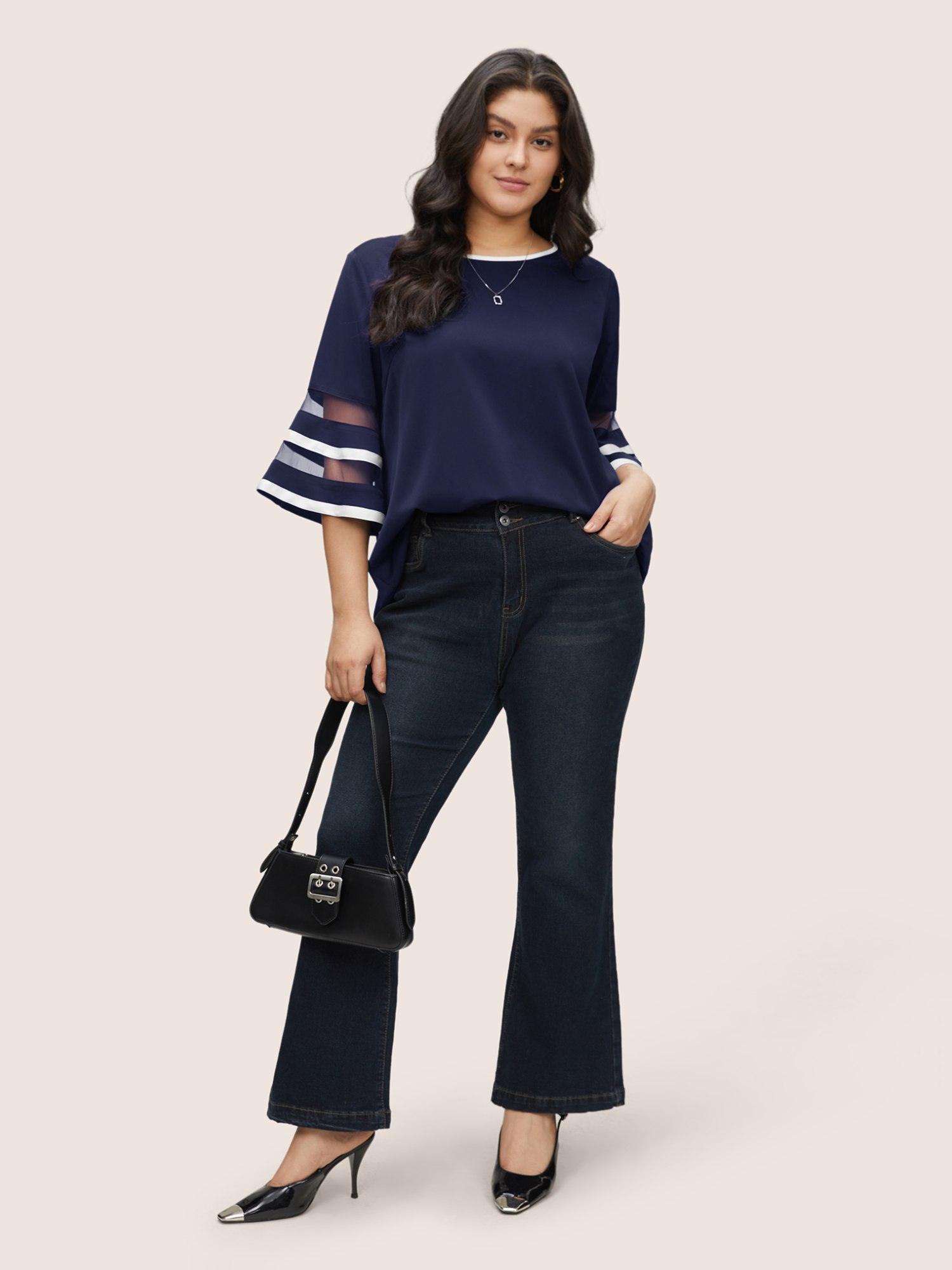 

Plus Size Indigo Contrast Patchwork Mesh Bell Sleeve Blouse Women At the Office Elbow-length sleeve Round Neck Work Blouses BloomChic