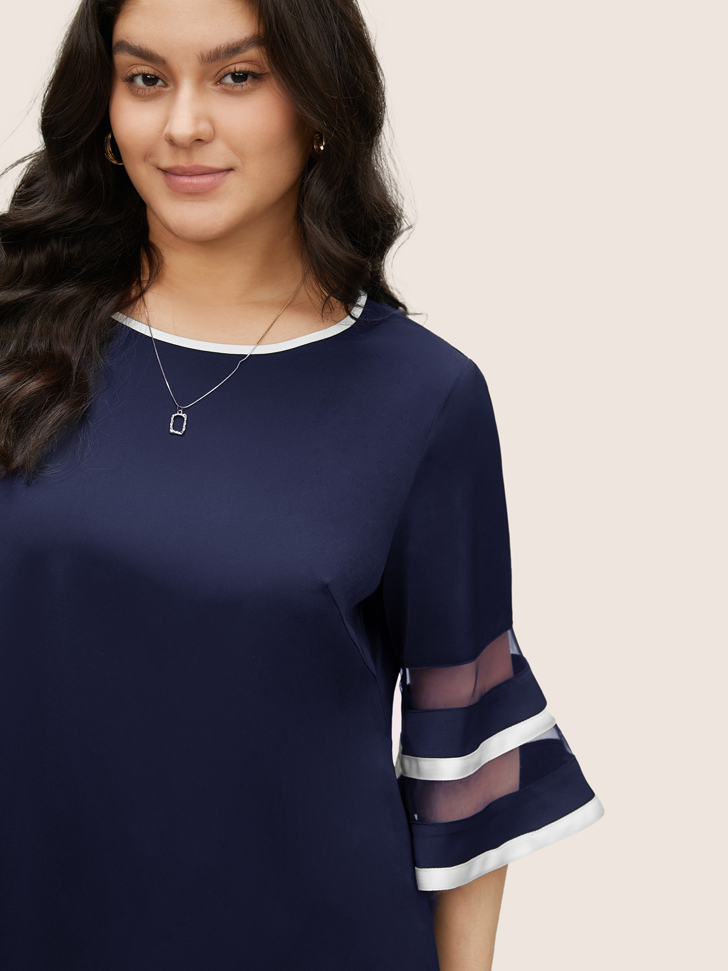 Plus Size Indigo Contrast Patchwork Mesh Bell Sleeve Blouse Women At the Office Elbow-length sleeve Round Neck Work Blouses BloomChic 30/6X 
