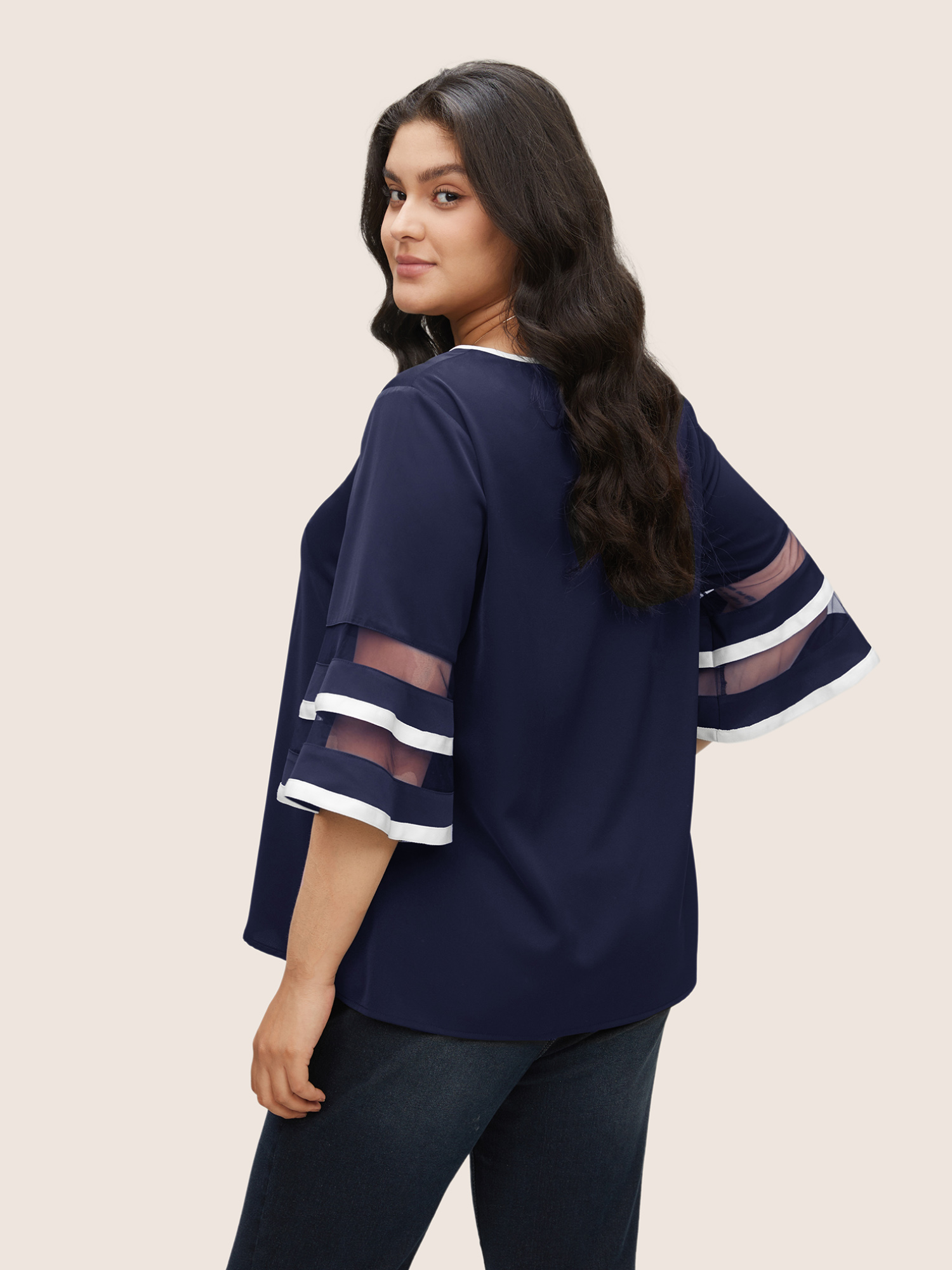 Plus Size Indigo Contrast Patchwork Mesh Bell Sleeve Blouse Women At the Office Elbow-length sleeve Round Neck Work Blouses BloomChic 30/6X 