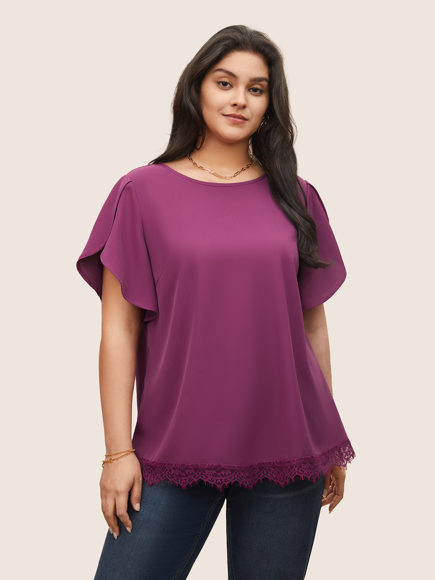 

Plus Size Purple Plain Lace Insert Petal Sleeve Blouse Women Elegant Short sleeve Round Neck Everyday Blouses BloomChic