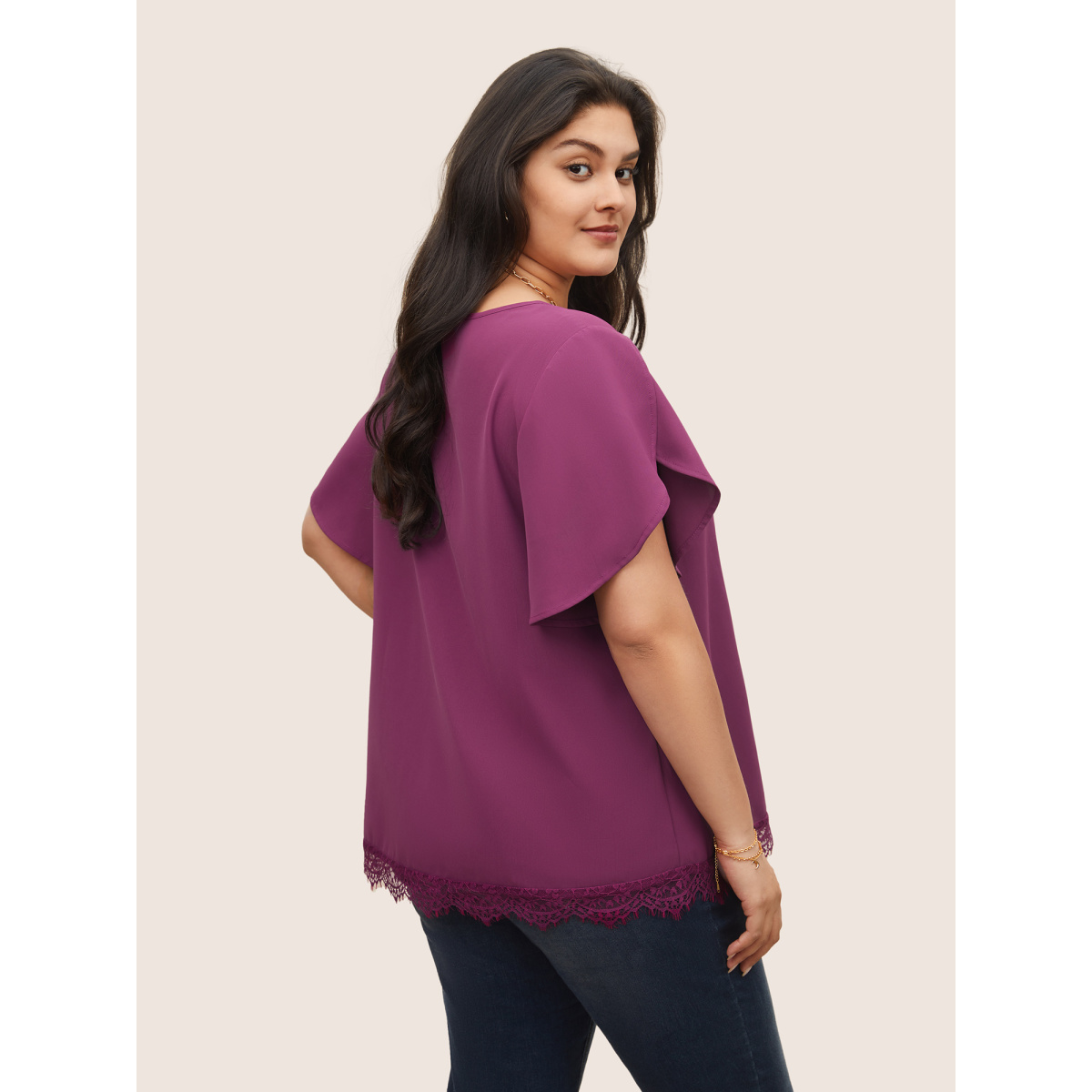 

Plus Size Purple Plain Lace Insert Petal Sleeve Blouse Women Elegant Short sleeve Round Neck Everyday Blouses BloomChic