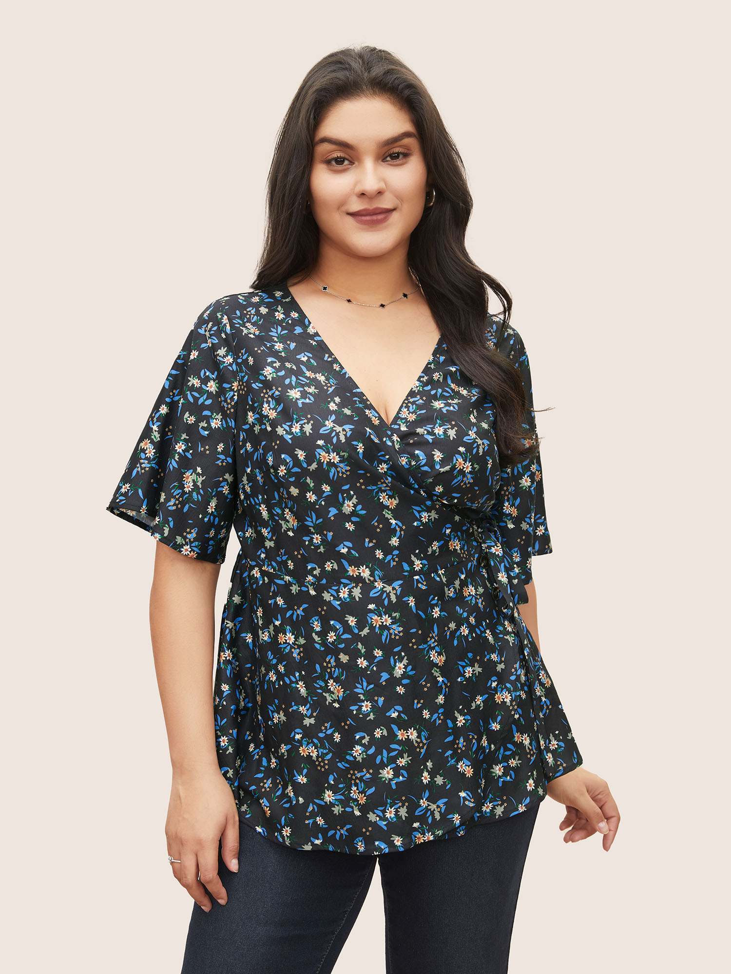 

Plus Size Black Ditsy Floral Ties Wrap Bell Sleeve Blouse Women Elegant Short sleeve V-neck Everyday Blouses BloomChic