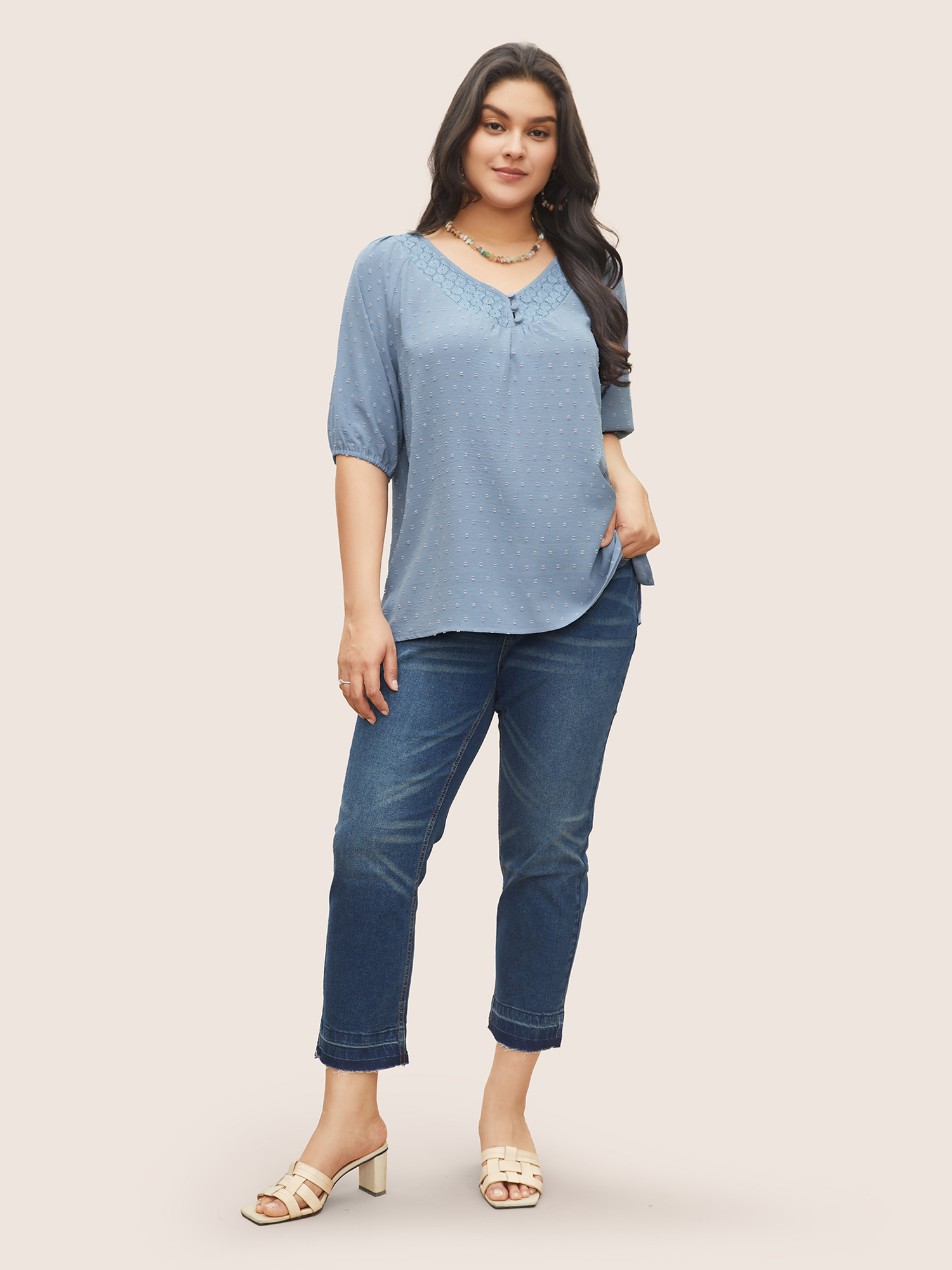 Plus Size Stone Plain Texture Lace Patchwork Lantern Sleeve Blouse Women Elegant Half Sleeve V-neck Everyday Blouses BloomChic 12/L 