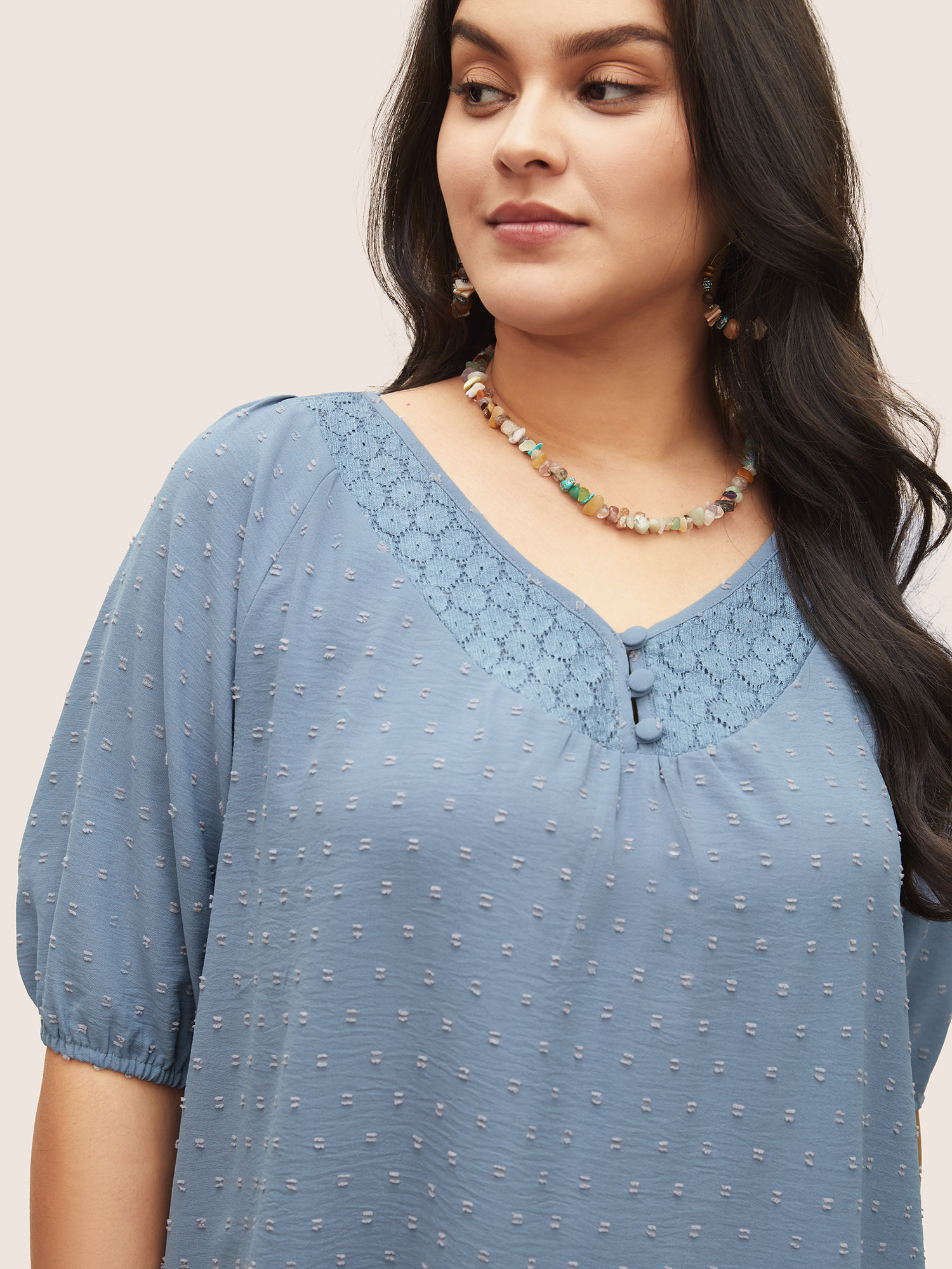 Plus Size Stone Plain Texture Lace Patchwork Lantern Sleeve Blouse Women Elegant Half Sleeve V-neck Everyday Blouses BloomChic 12/L 
