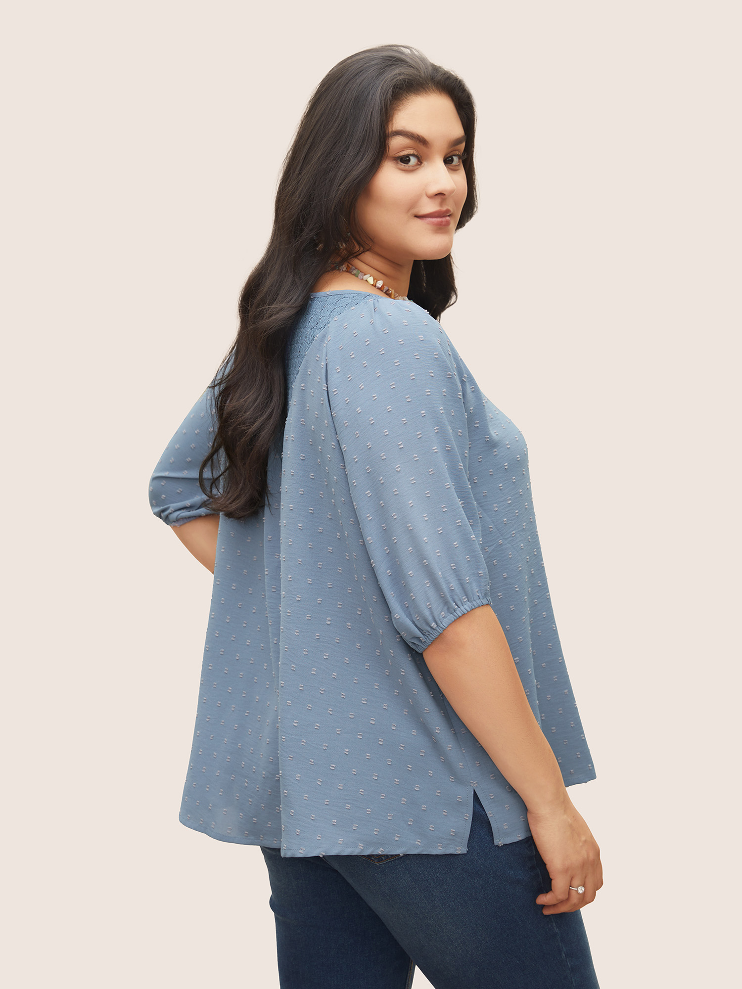 Plus Size Stone Plain Texture Lace Patchwork Lantern Sleeve Blouse Women Elegant Half Sleeve V-neck Everyday Blouses BloomChic 12/L 
