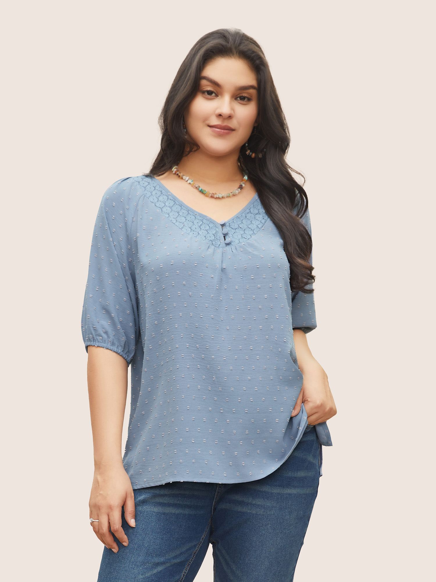 Plus Size Stone Plain Texture Lace Patchwork Lantern Sleeve Blouse Women Elegant Half Sleeve V-neck Everyday Blouses BloomChic 12/L 