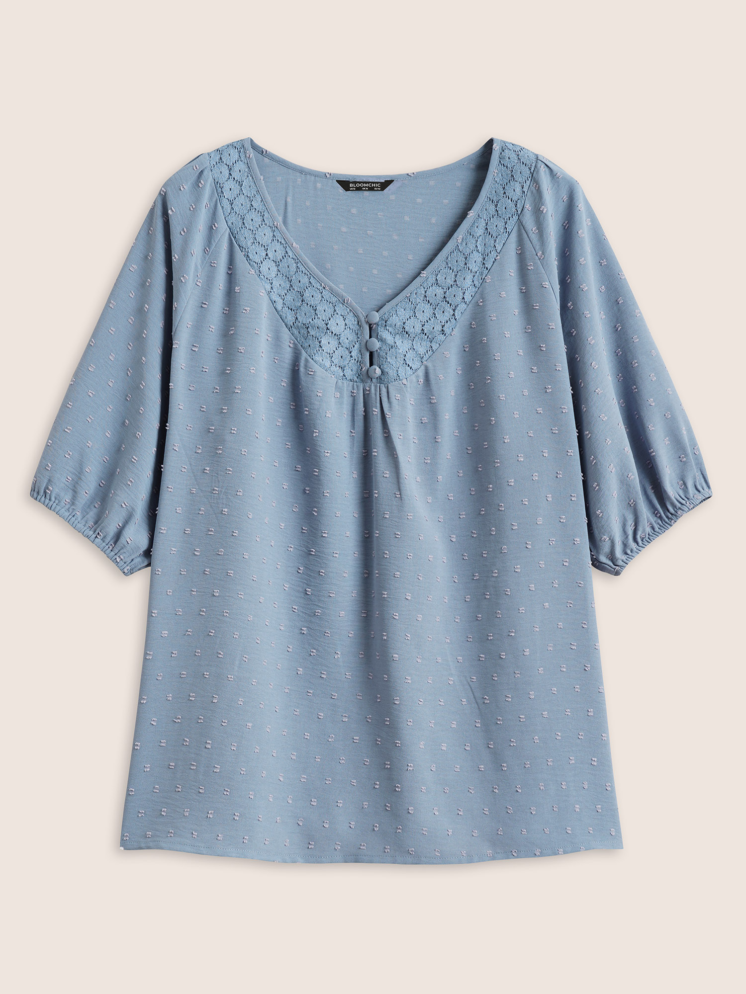 Plus Size Stone Plain Texture Lace Patchwork Lantern Sleeve Blouse Women Elegant Half Sleeve V-neck Everyday Blouses BloomChic 12/L 