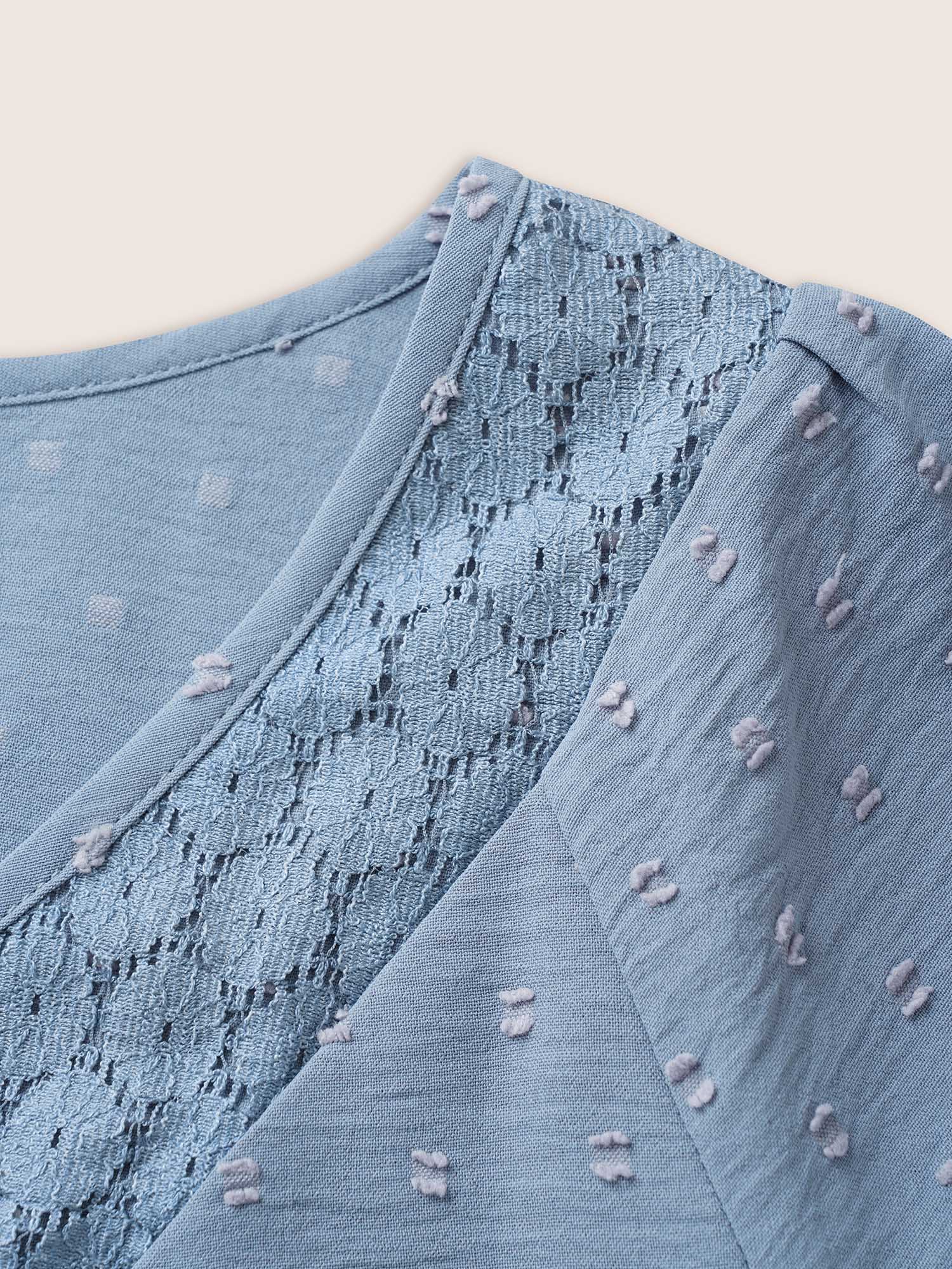 Plus Size Stone Plain Texture Lace Patchwork Lantern Sleeve Blouse Women Elegant Half Sleeve V-neck Everyday Blouses BloomChic 12/L 