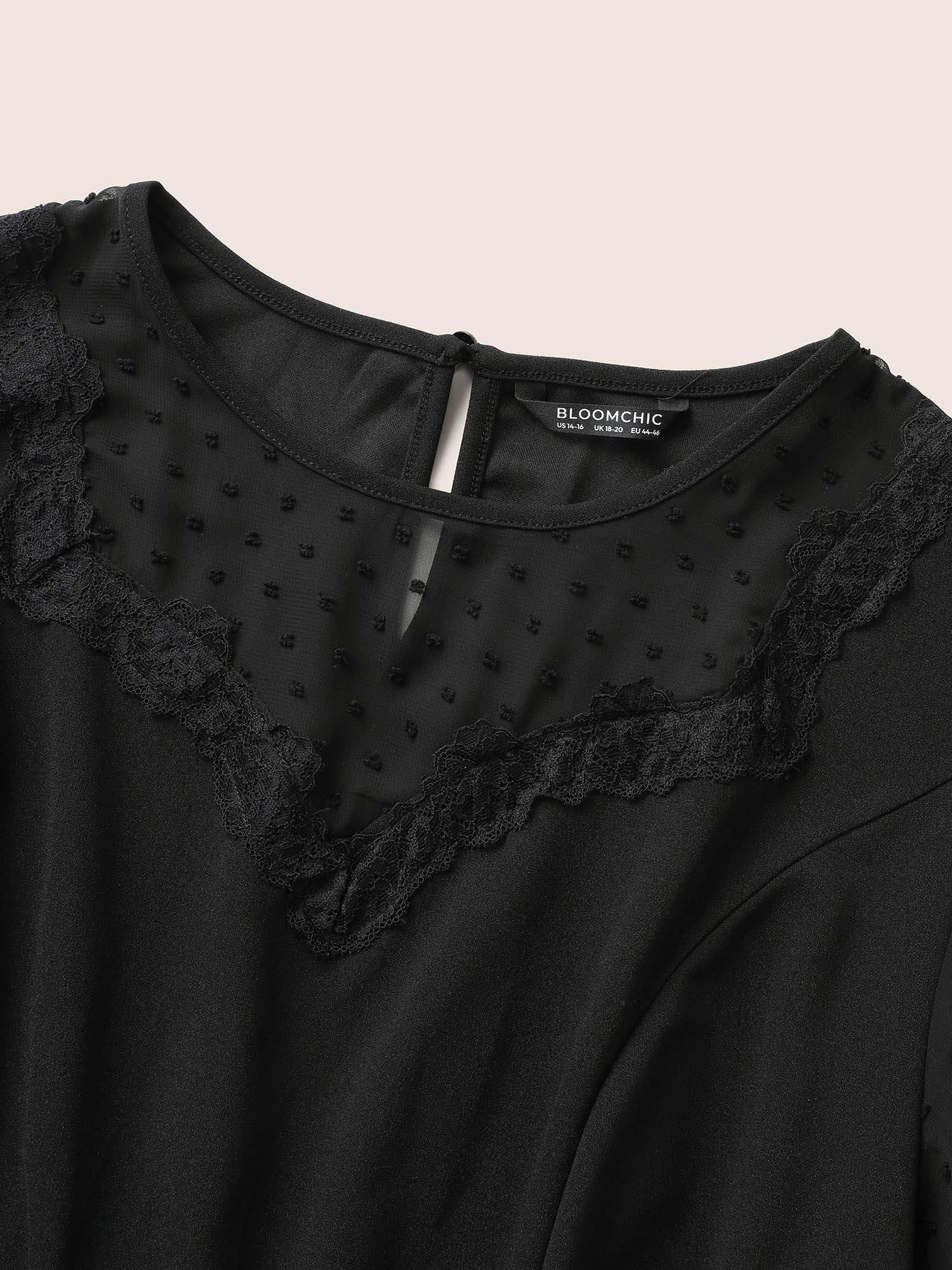 

Plus Size Black Solid Chiffon Crochet Lace Mesh Blouse Women Elegant Short sleeve Round Neck Everyday Blouses BloomChic