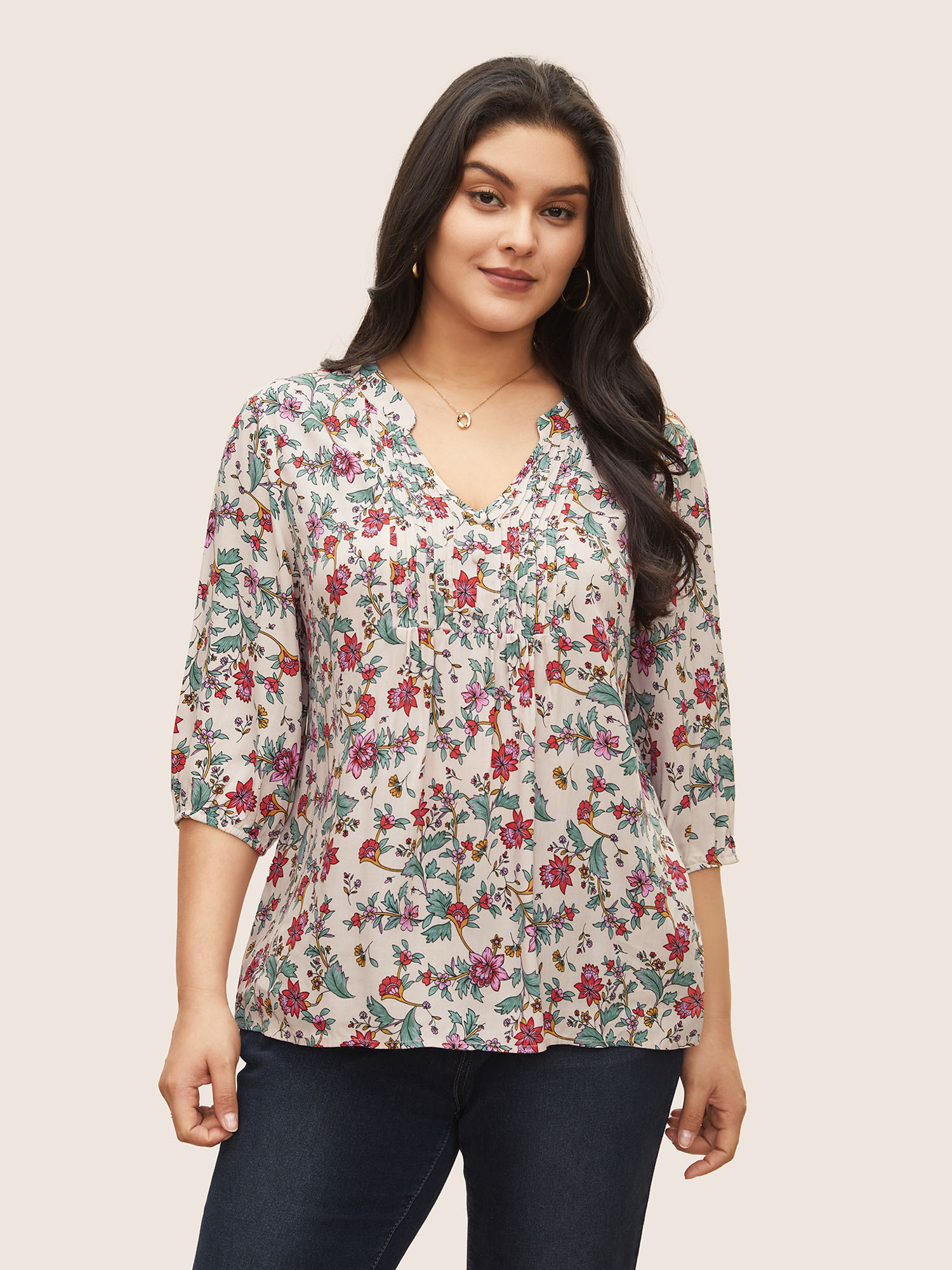 

Plus Size Apricot Floral Notched Pleated Lantern Sleeve Blouse Women Elegant Elbow-length sleeve V-neck Everyday Blouses BloomChic