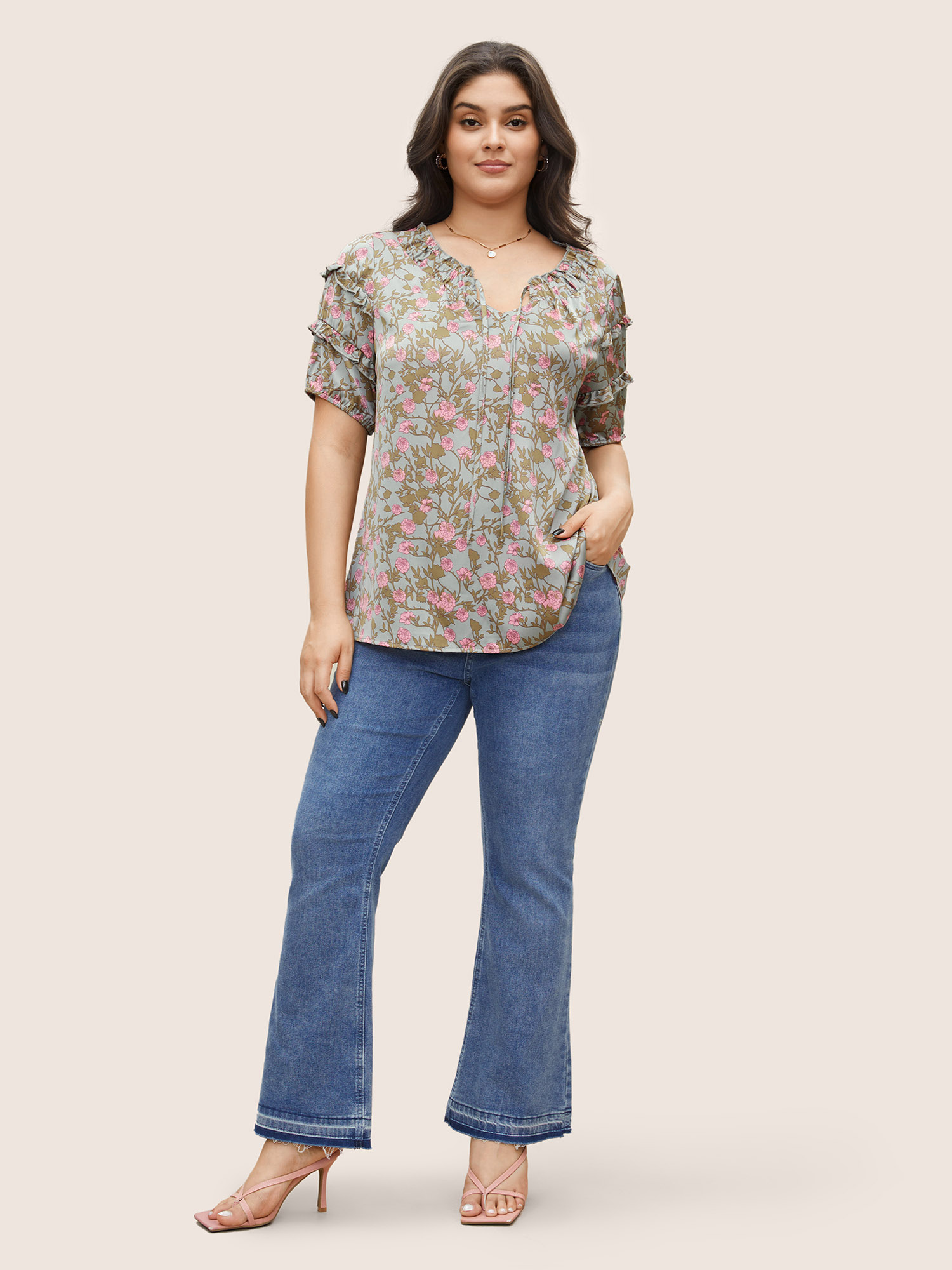 Plus Size Multicolor Floral Print Frill Trim Knot Neck Blouse Women Elegant Short sleeve Notched collar Everyday Blouses BloomChic 22-24/3X 