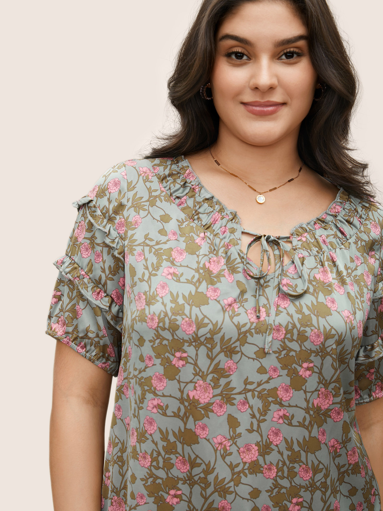 Plus Size Multicolor Floral Print Frill Trim Knot Neck Blouse Women Elegant Short sleeve Notched collar Everyday Blouses BloomChic 22-24/3X 