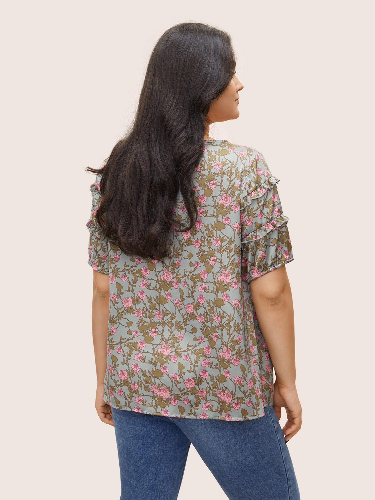 Plus Size Multicolor Floral Print Frill Trim Knot Neck Blouse Women Elegant Short sleeve Notched collar Everyday Blouses BloomChic 22-24/3X 