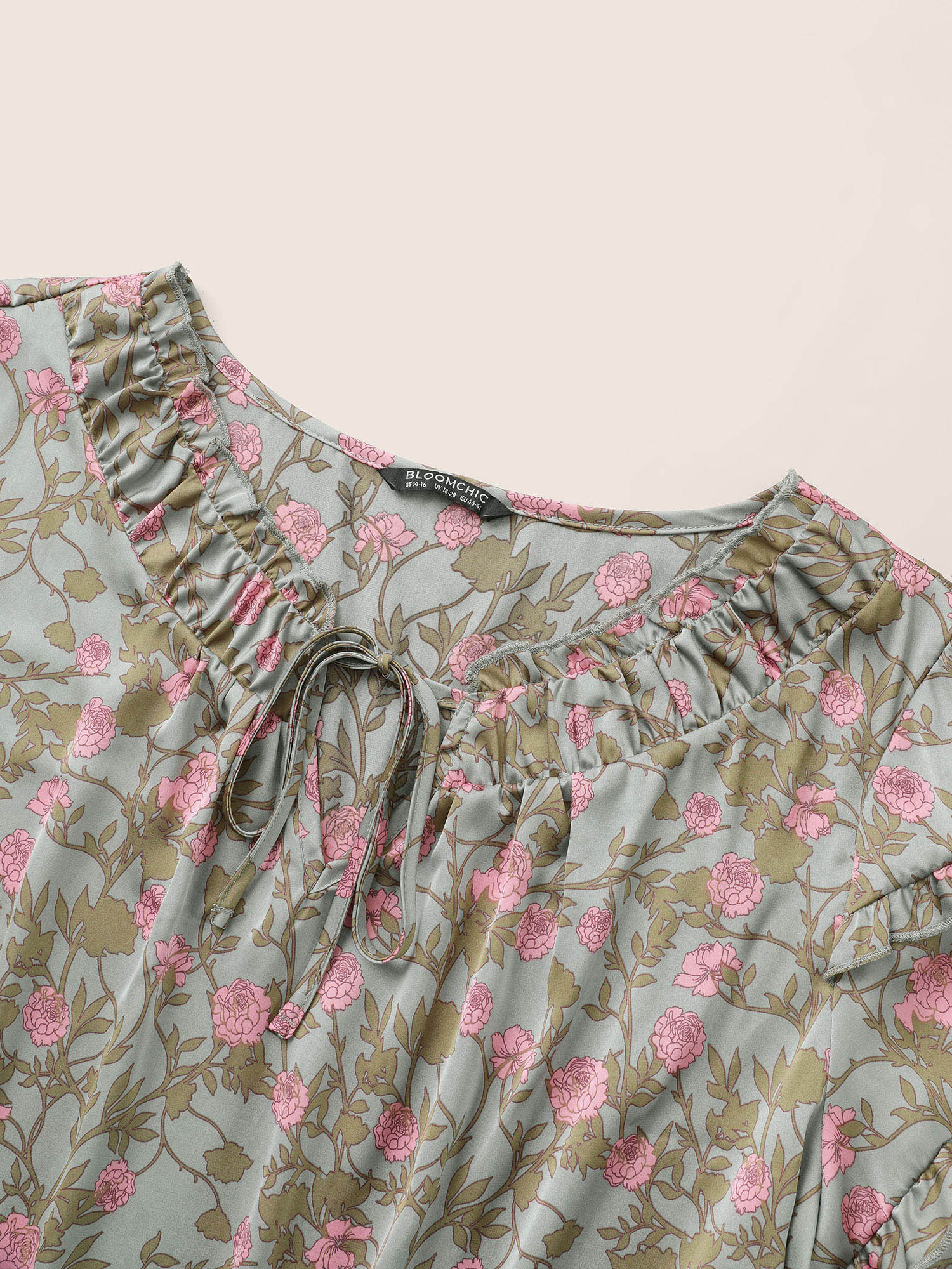 Plus Size Multicolor Floral Print Frill Trim Knot Neck Blouse Women Elegant Short sleeve Notched collar Everyday Blouses BloomChic 22-24/3X 