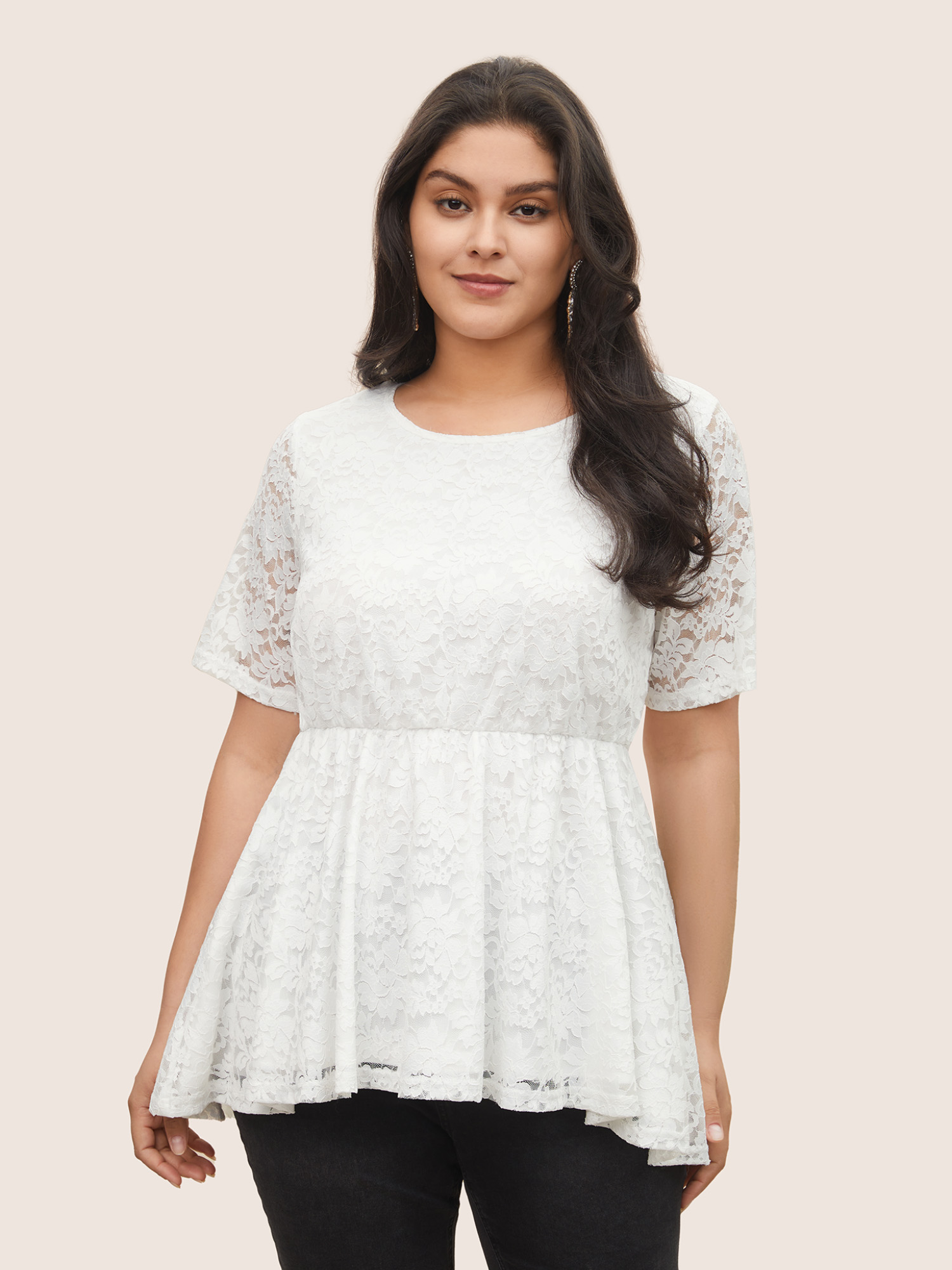 

Plus Size White Solid Lace Panel High Low Hem Blouse Women Elegant Short sleeve Round Neck Everyday Blouses BloomChic