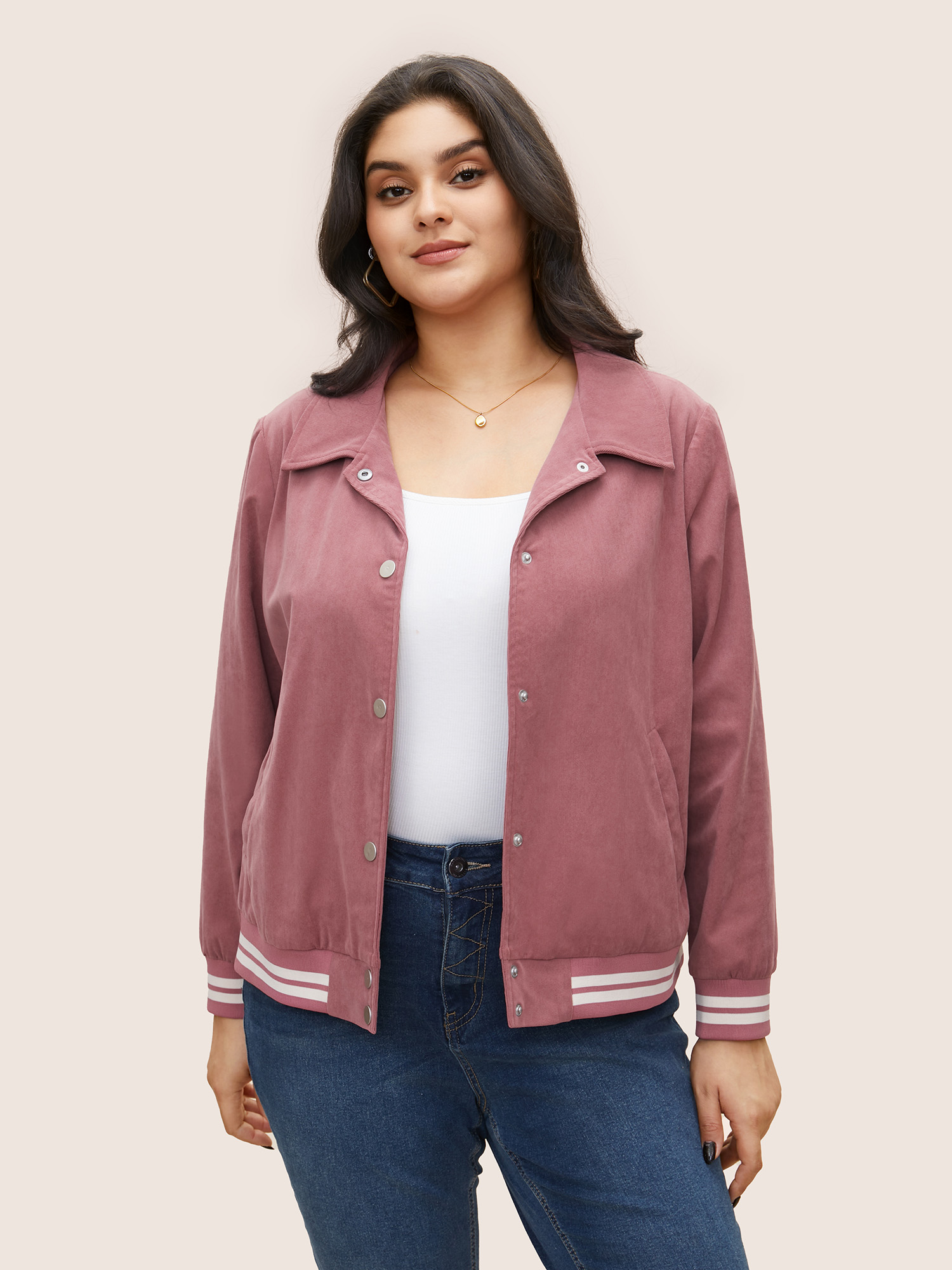 

Plus Size Contrast Trim Button Through Rib Knit Jacket Women DustyPink Non Slanted pocket Everyday Jackets BloomChic