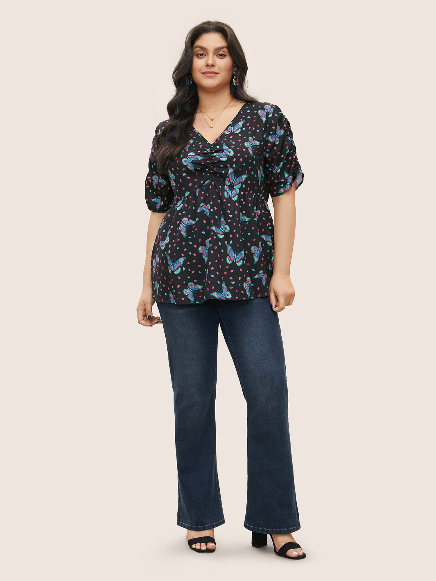 Plus Size Blue Butterfly Print Ruched Elastic Waist Blouse Women Cocktail Short sleeve V-neck Party Blouses BloomChic 14-16/1X 