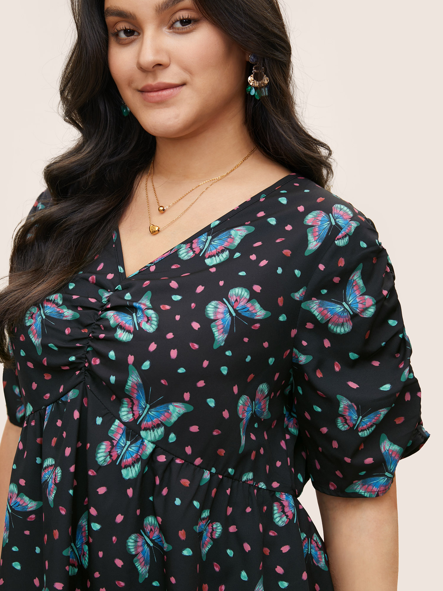Plus Size Blue Butterfly Print Ruched Elastic Waist Blouse Women Cocktail Short sleeve V-neck Party Blouses BloomChic 14-16/1X 