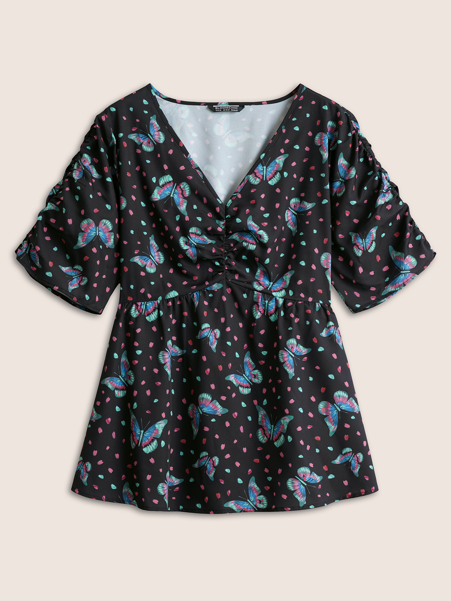 Plus Size Blue Butterfly Print Ruched Elastic Waist Blouse Women Cocktail Short sleeve V-neck Party Blouses BloomChic 14-16/1X 