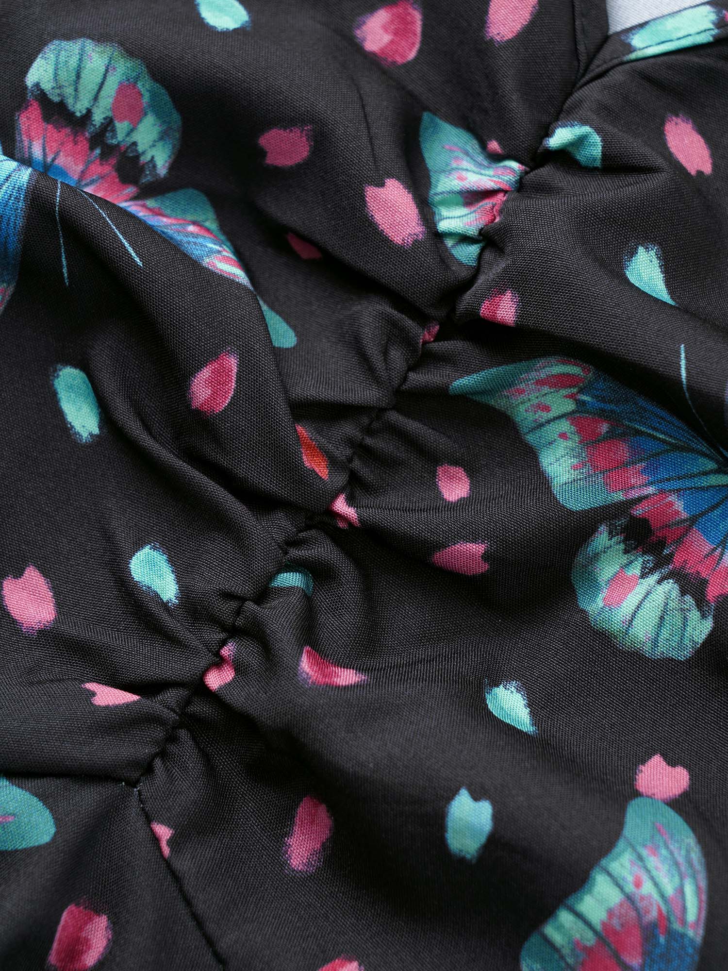 Plus Size Blue Butterfly Print Ruched Elastic Waist Blouse Women Cocktail Short sleeve V-neck Party Blouses BloomChic 14-16/1X 