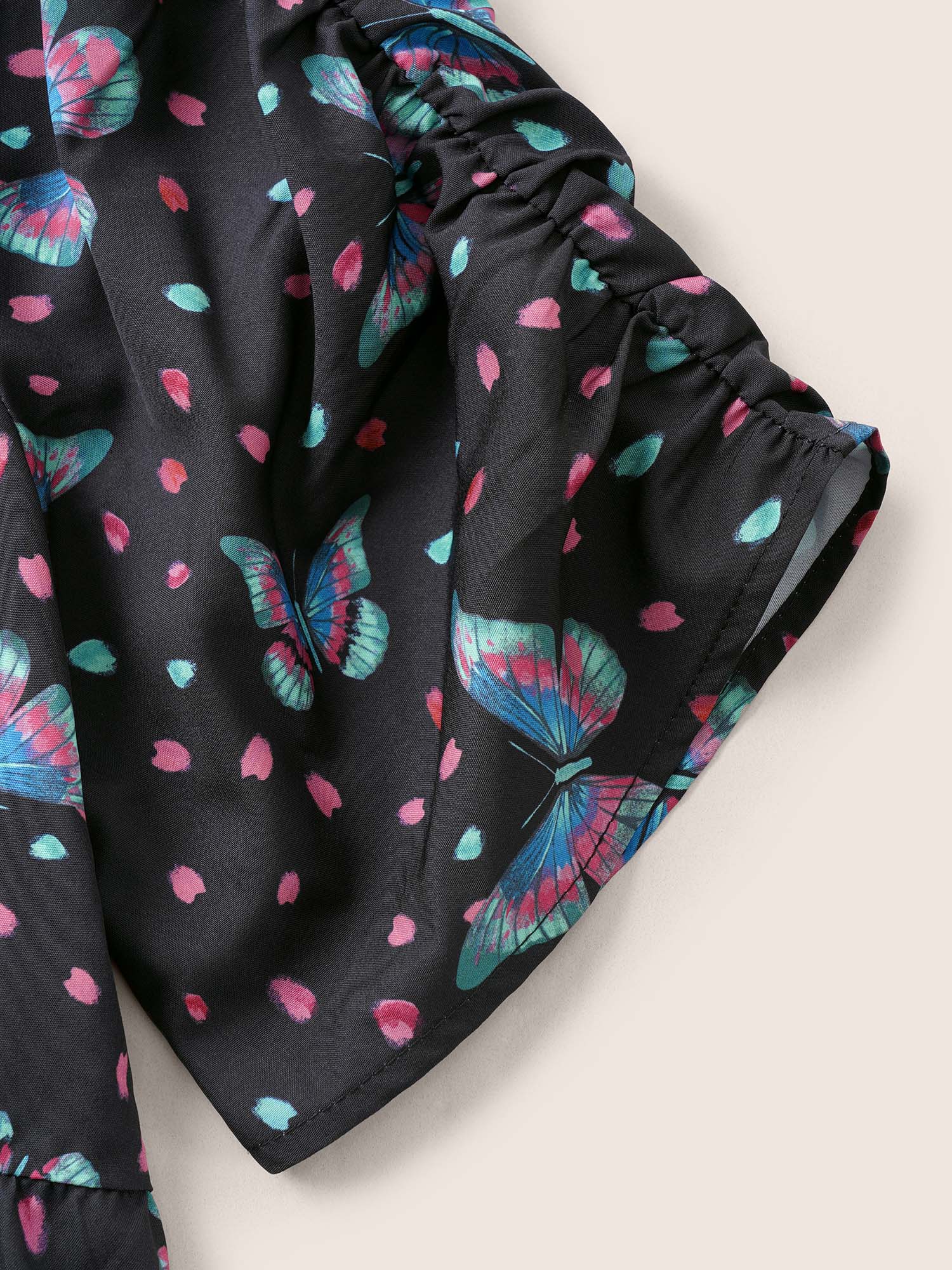 Plus Size Blue Butterfly Print Ruched Elastic Waist Blouse Women Cocktail Short sleeve V-neck Party Blouses BloomChic 14-16/1X 