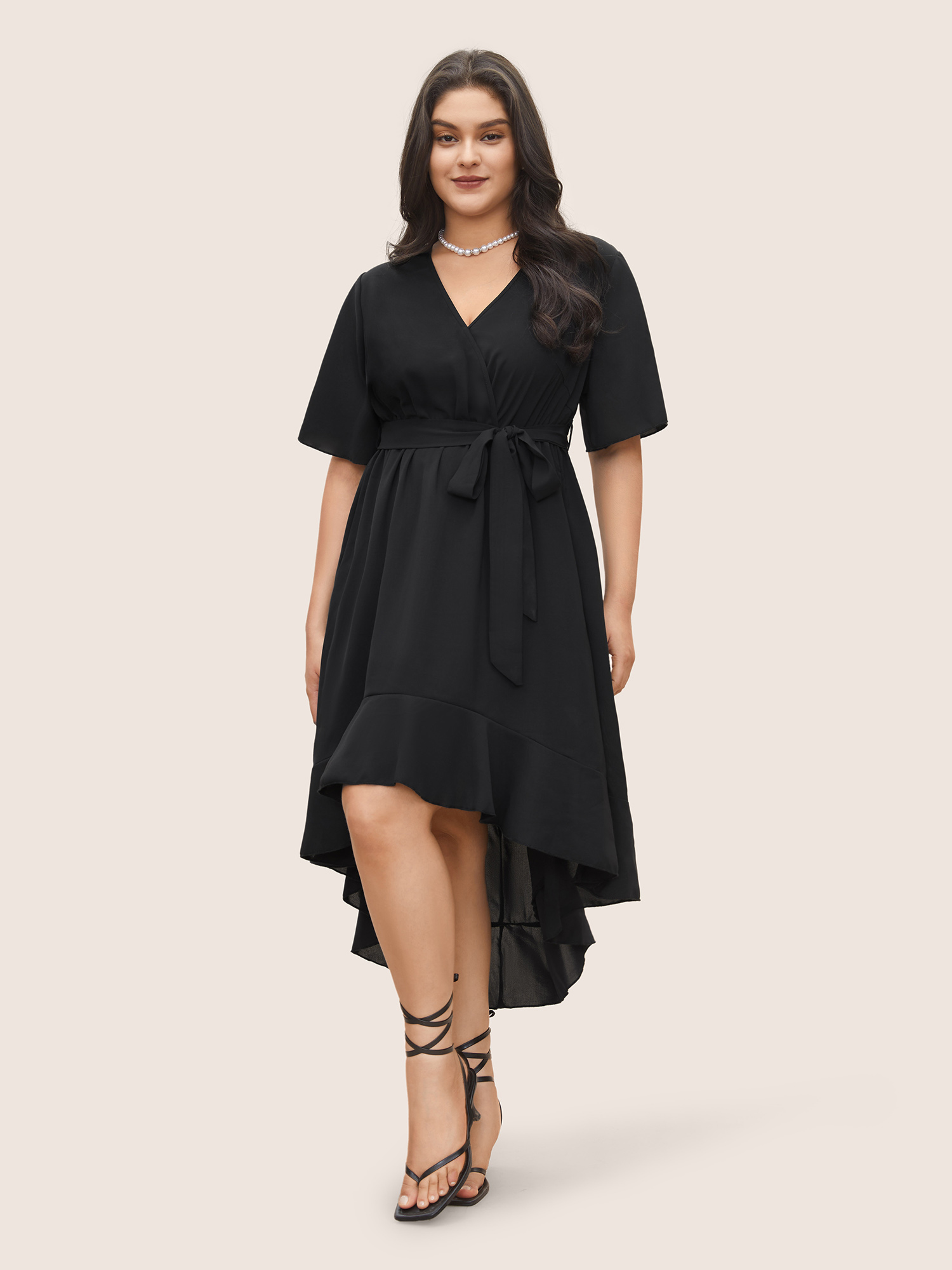 

Plus Size Bloom Dress - Solid Tie Surplice Ruffle High Low Dress Black Women Elegant Cross straps V-neck Short sleeve Curvy Midi Dress BloomChic