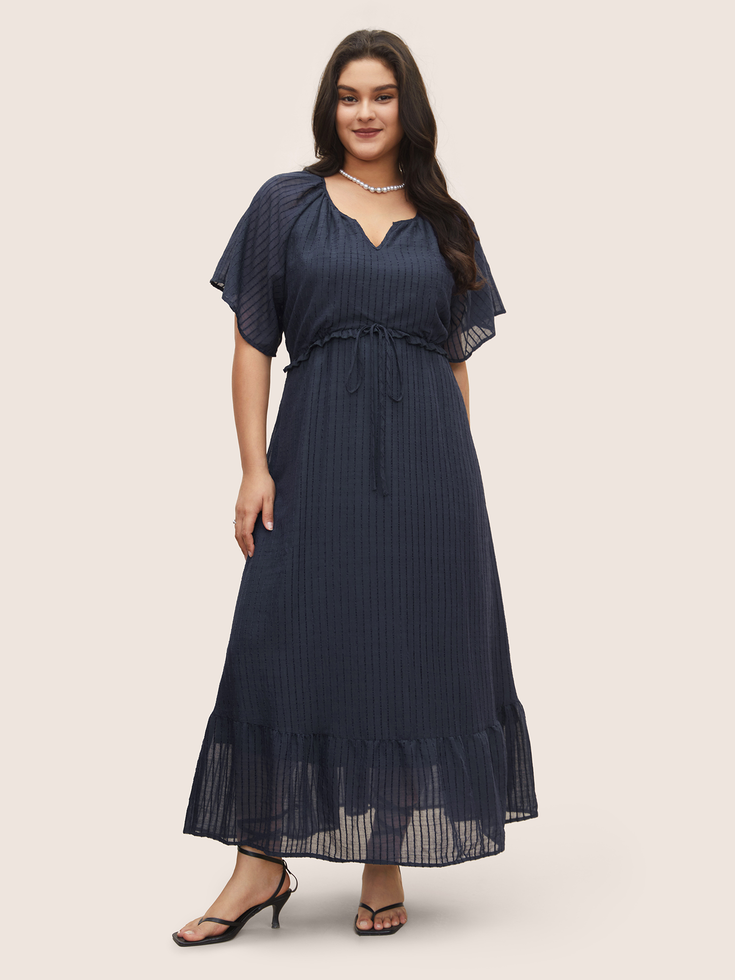 

Strap Plain V Neck Plus Size Dress Women Elegance Pocket Ruffle Sleeve Short Sleeve Pocket Dailywear Long Dress BloomChic, Darkblue