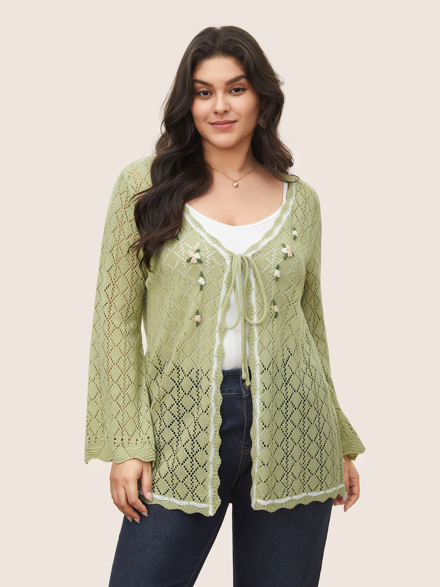 

Plus Size Geometric Hollow Out Stereo Flower Embroidered Cardigan LightGreen Women Everyday Elegant Cover Ups Bloomchic