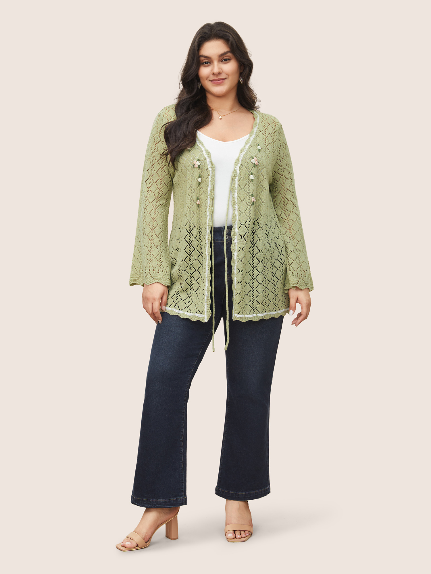 

Plus Size Geometric Hollow Out Stereo Flower Embroidered Cardigan LightGreen Women Everyday Elegant Cover Ups Bloomchic