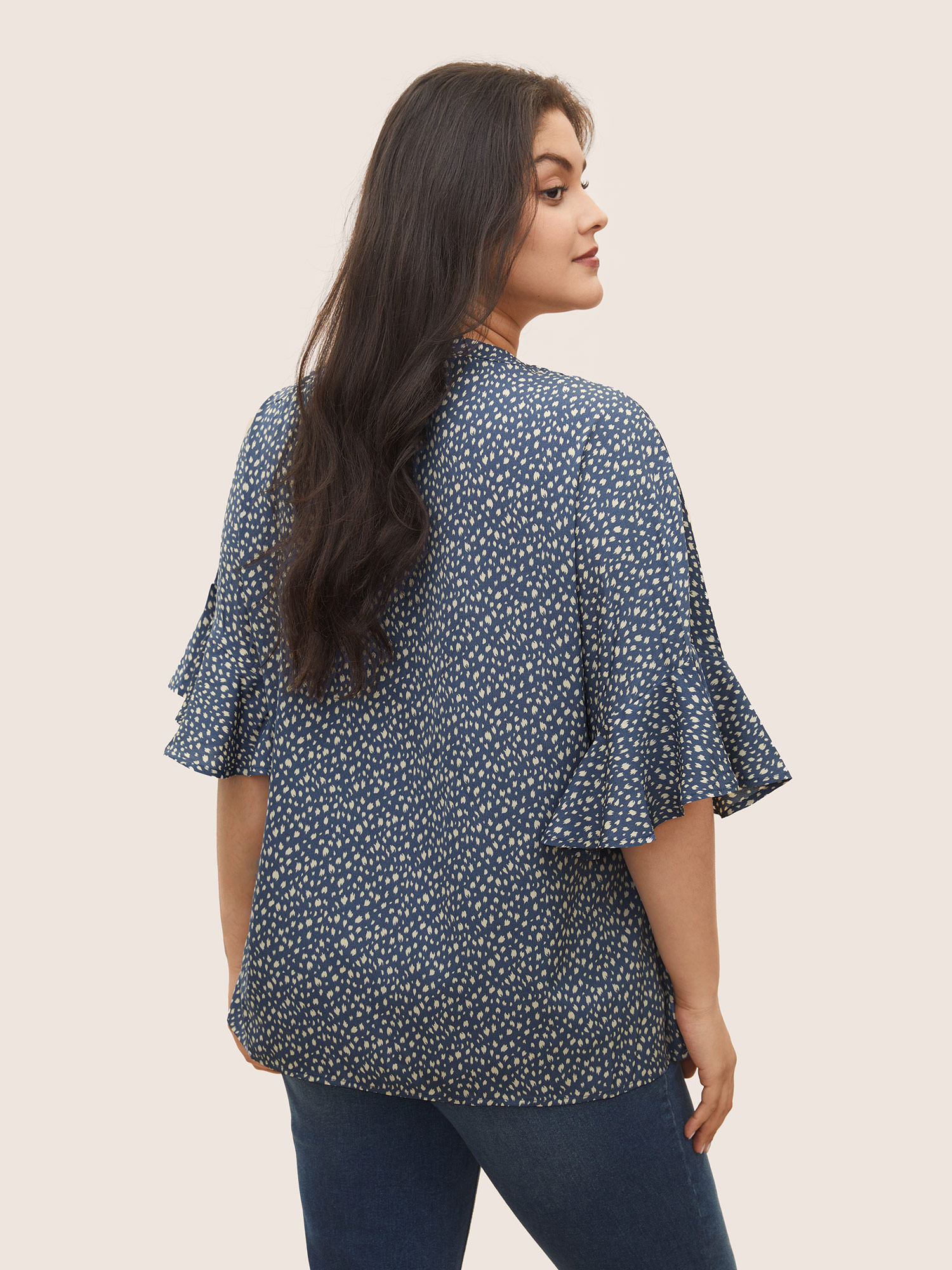 Plus Size Women Work Leopard Ruffles Ruffle Sleeve Half Sleeve V-neck Work From Home Blouses BloomChic 