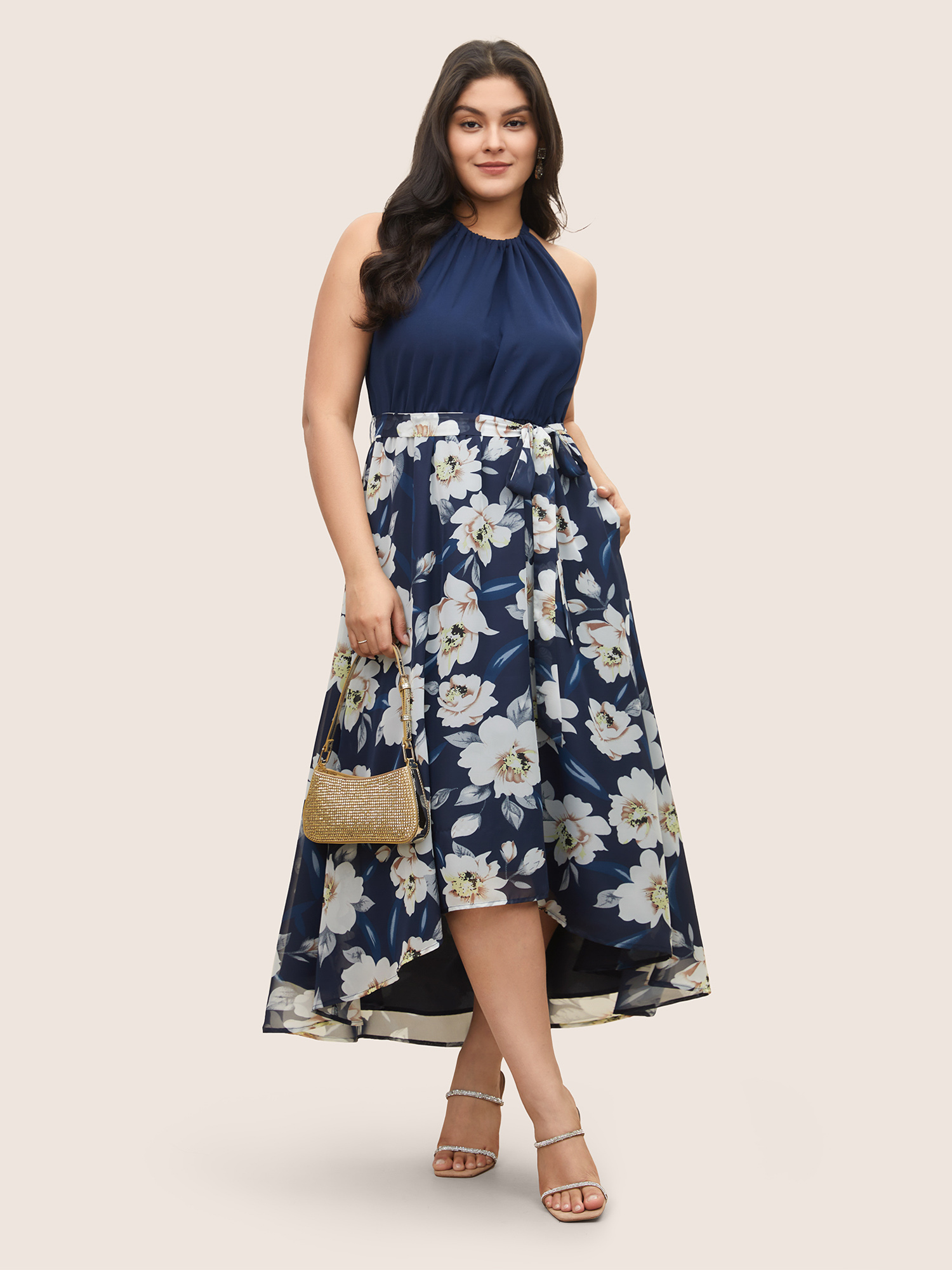 

Plus Size Floral Patchwork Halter Ties High Low Hem Dress Indigo Women Elegant Non Halter neck Sleeveless Curvy Midi Dress BloomChic