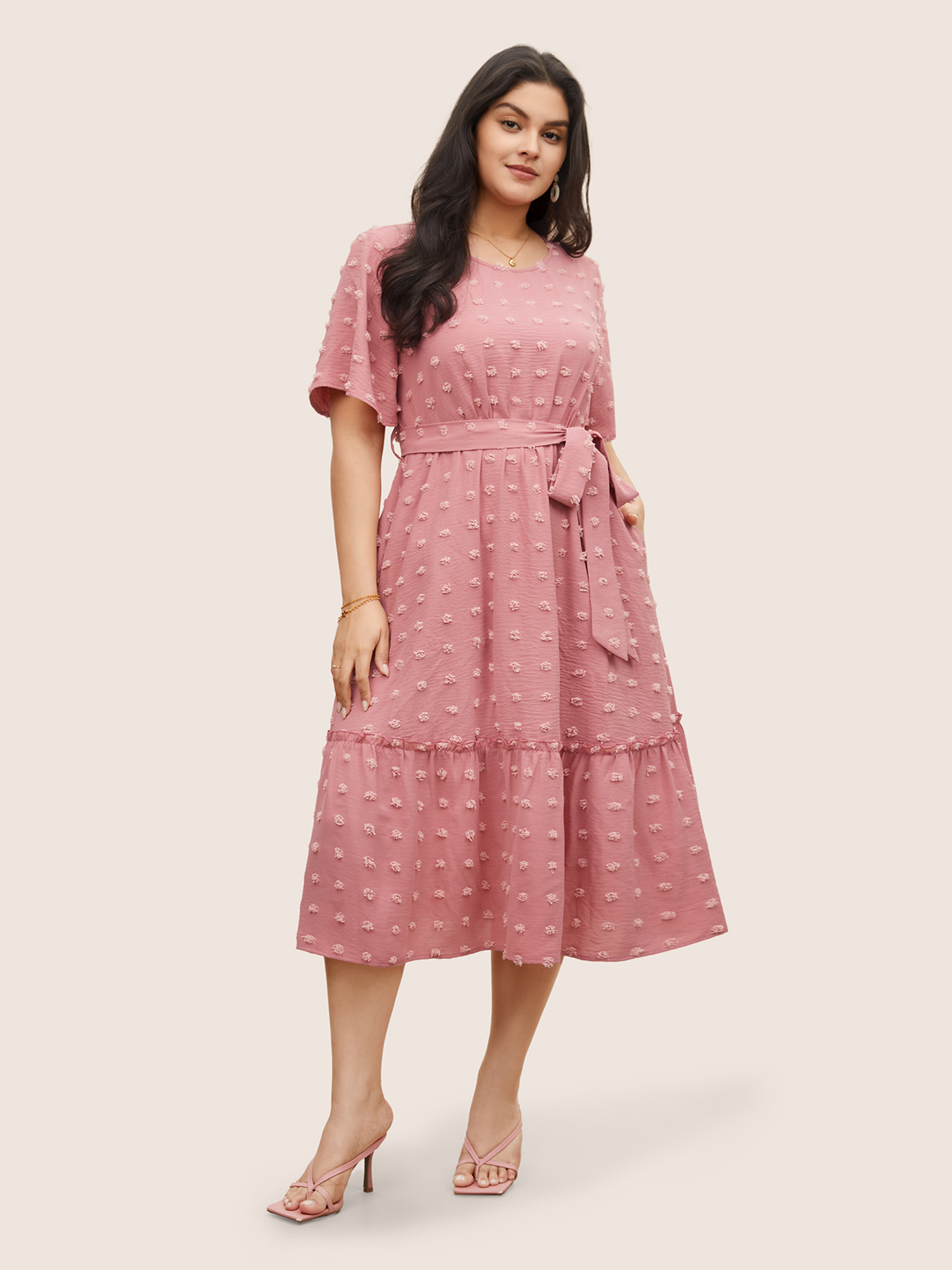 

Plus Size Solid Textured Patchwork Frill Trim Belted Dress Watermelon Women Elegant Non Round Neck Short sleeve Curvy Midi Dress BloomChic